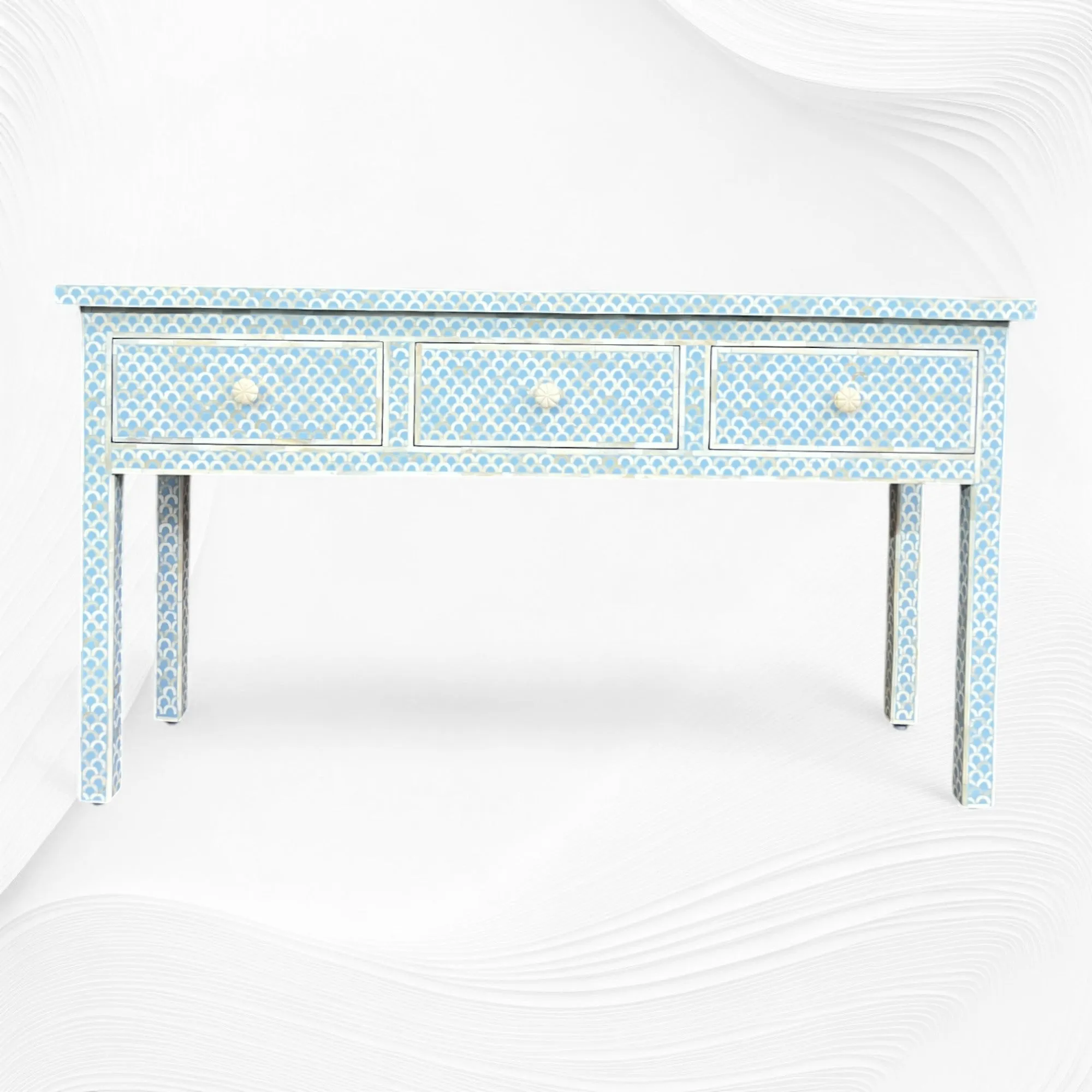 Ice Blue Bone Inlay Fishscale Console 3 Drawer