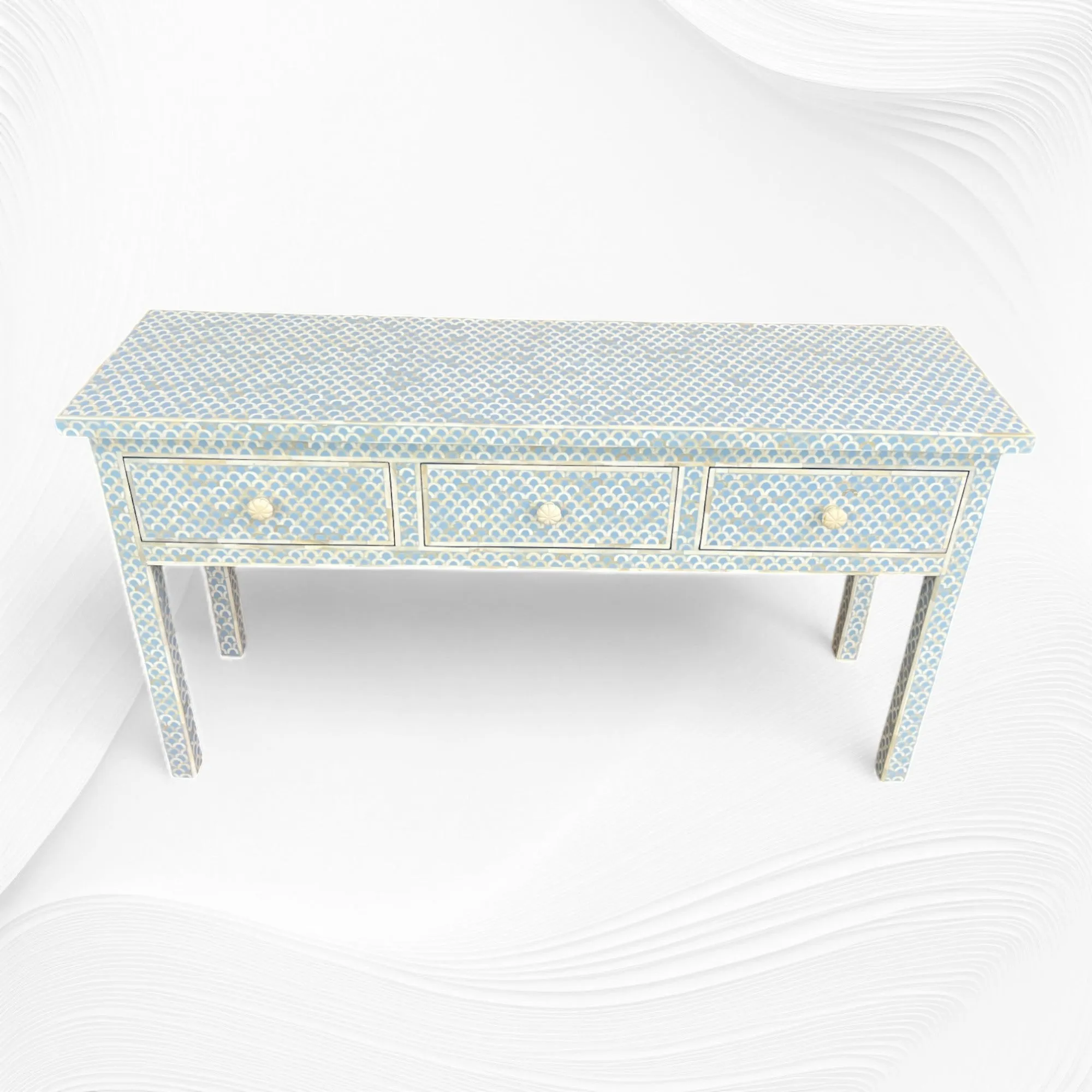 Ice Blue Bone Inlay Fishscale Console 3 Drawer