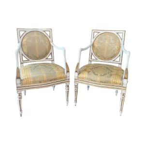 Italian 18th Century Neoclassical Pair of Arm Chairs or Fauteuils Louis XVI Style - Museum Quality