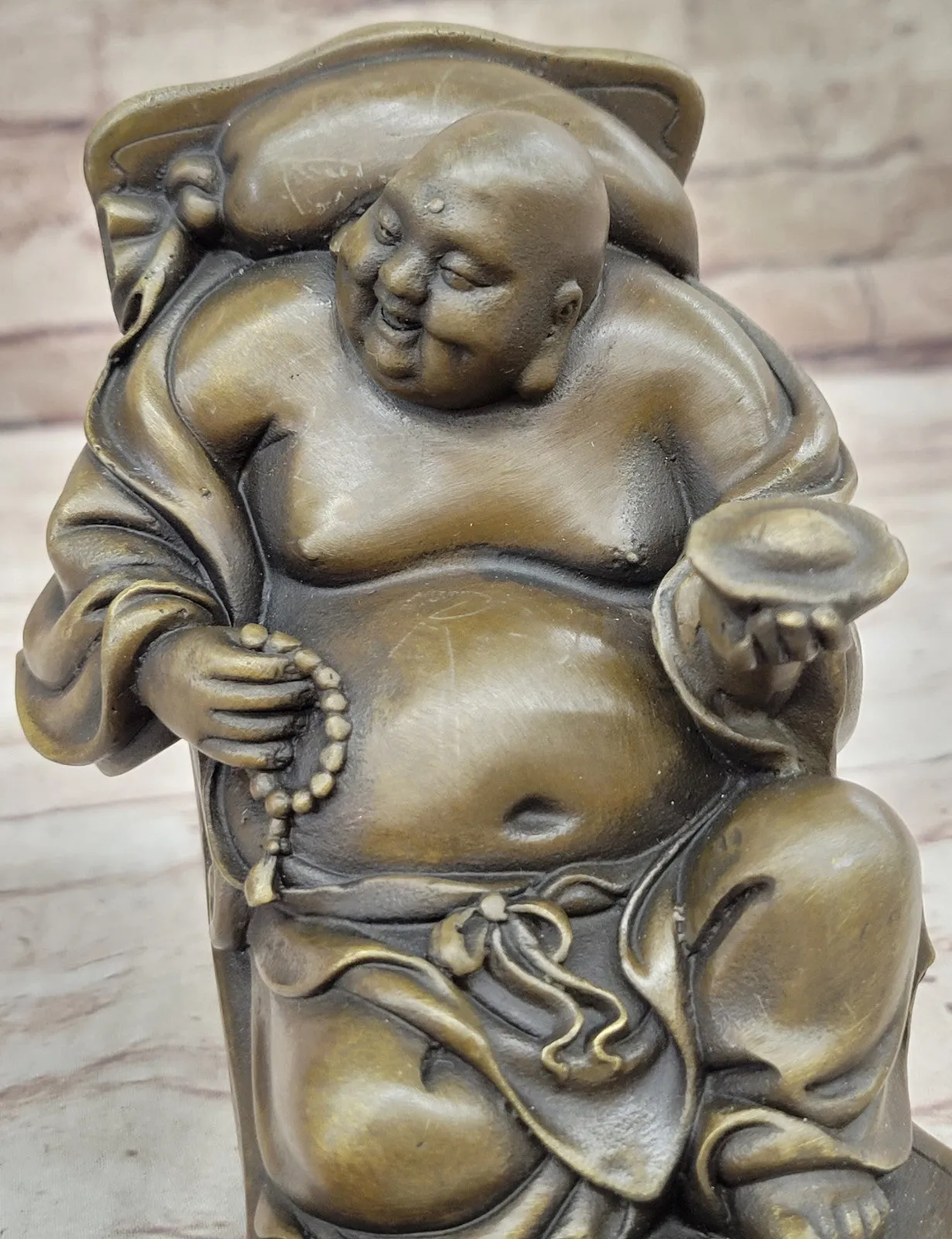 Laughing Fat Buddha Bronze Sculpture: Handmade Joyous Vintage Artwork Sale