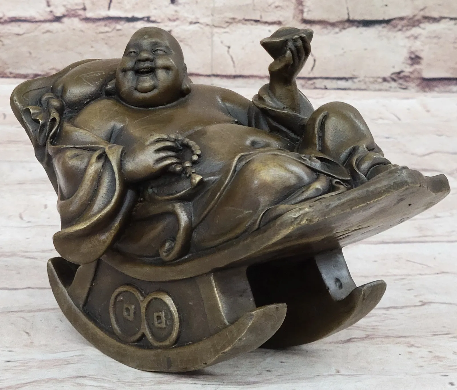 Laughing Fat Buddha Bronze Sculpture: Handmade Joyous Vintage Artwork Sale