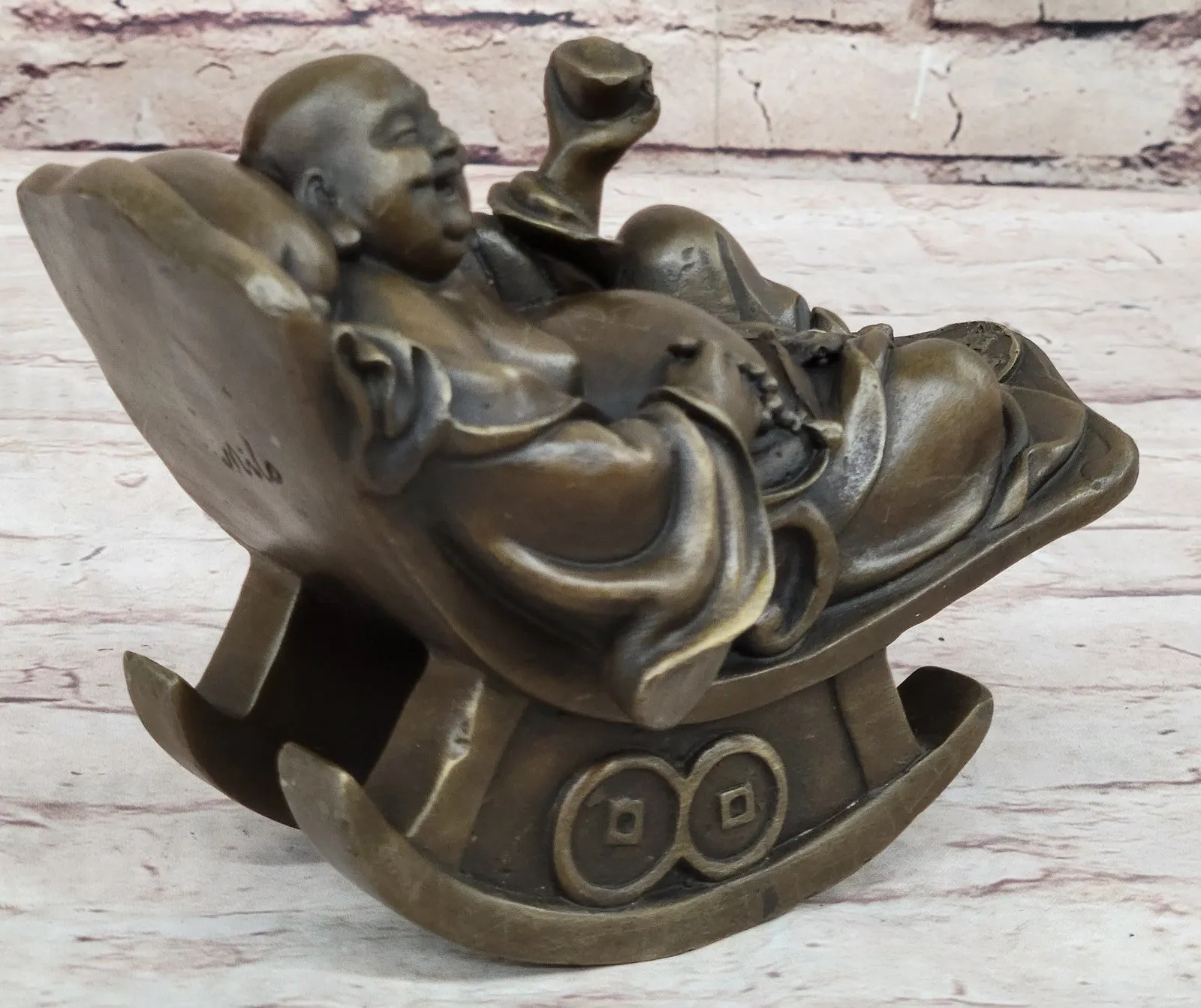 Laughing Fat Buddha Bronze Sculpture: Handmade Joyous Vintage Artwork Sale