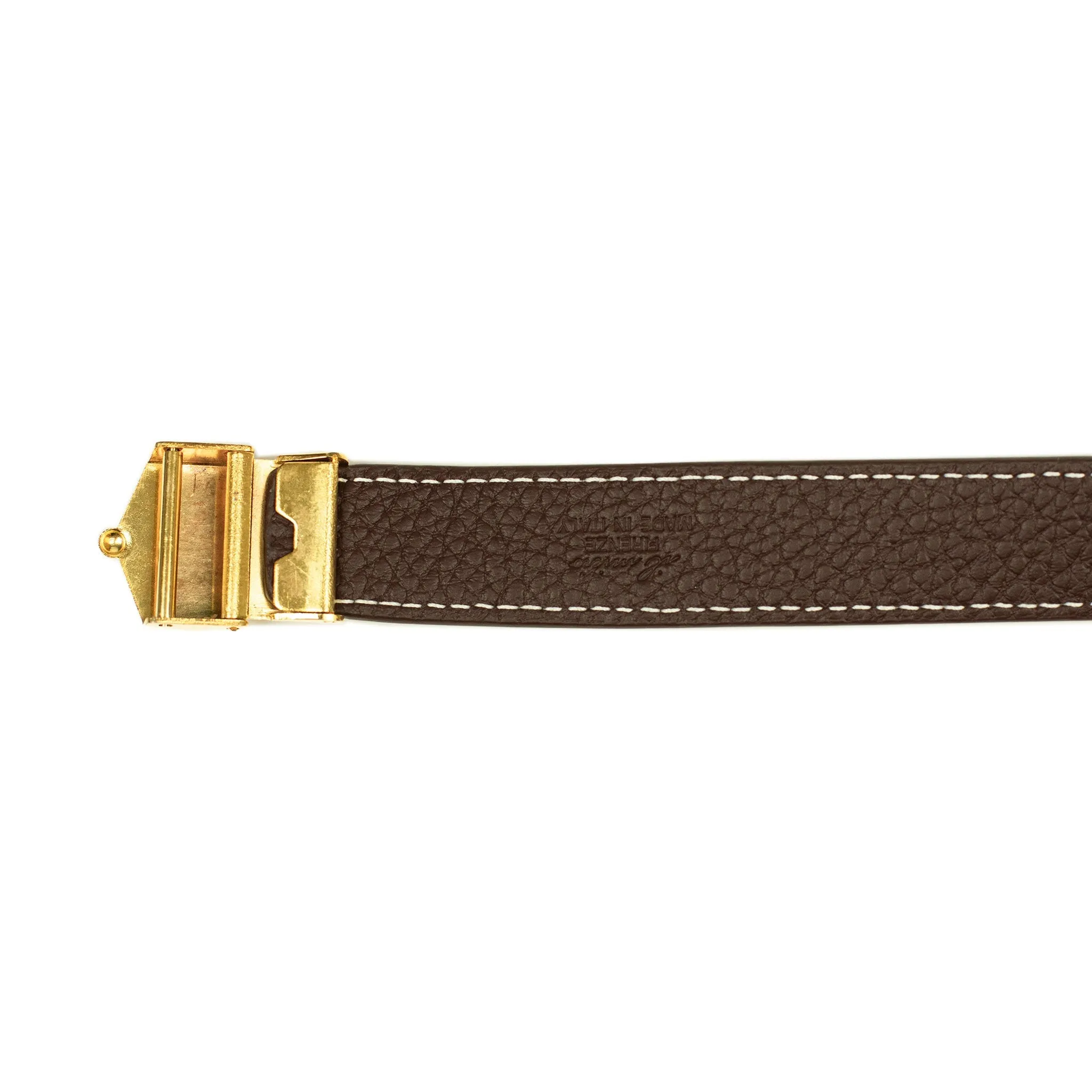 Long belt with vintage brass pin buckle in Teck brown tumbled leather