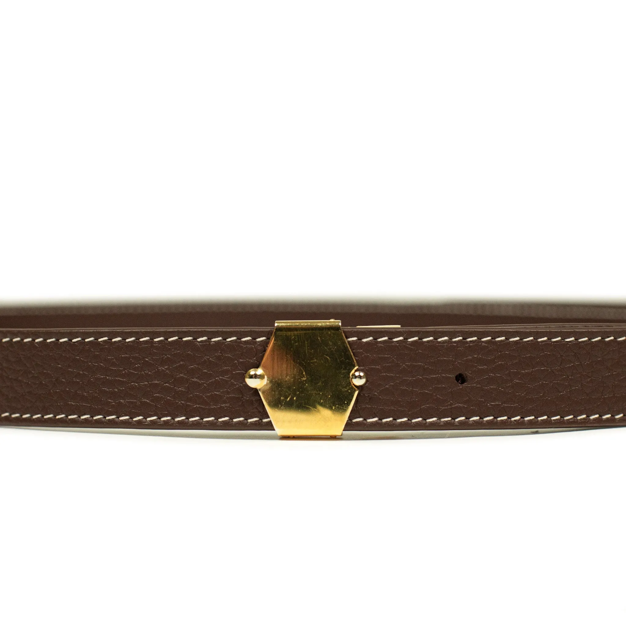 Long belt with vintage brass pin buckle in Teck brown tumbled leather