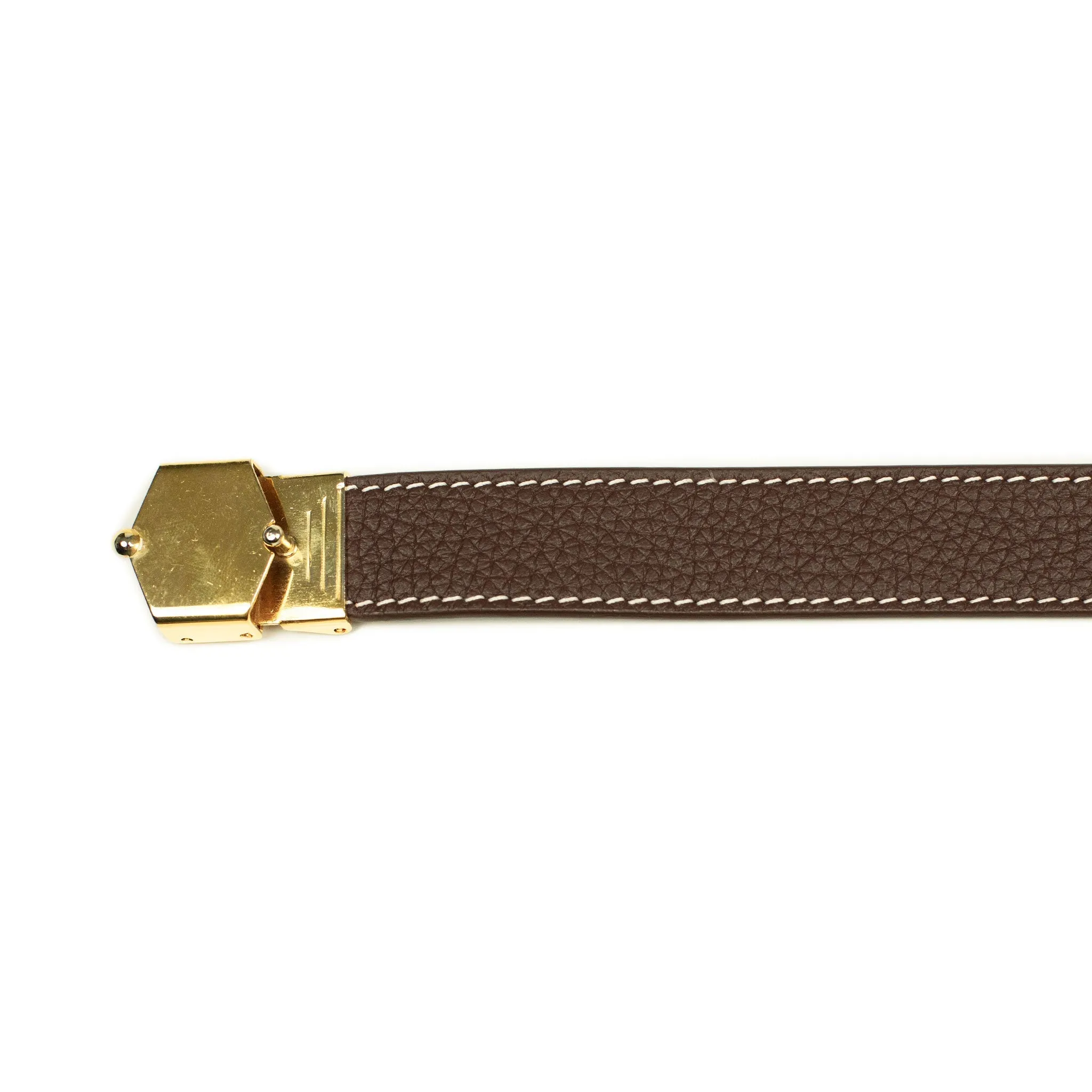 Long belt with vintage brass pin buckle in Teck brown tumbled leather