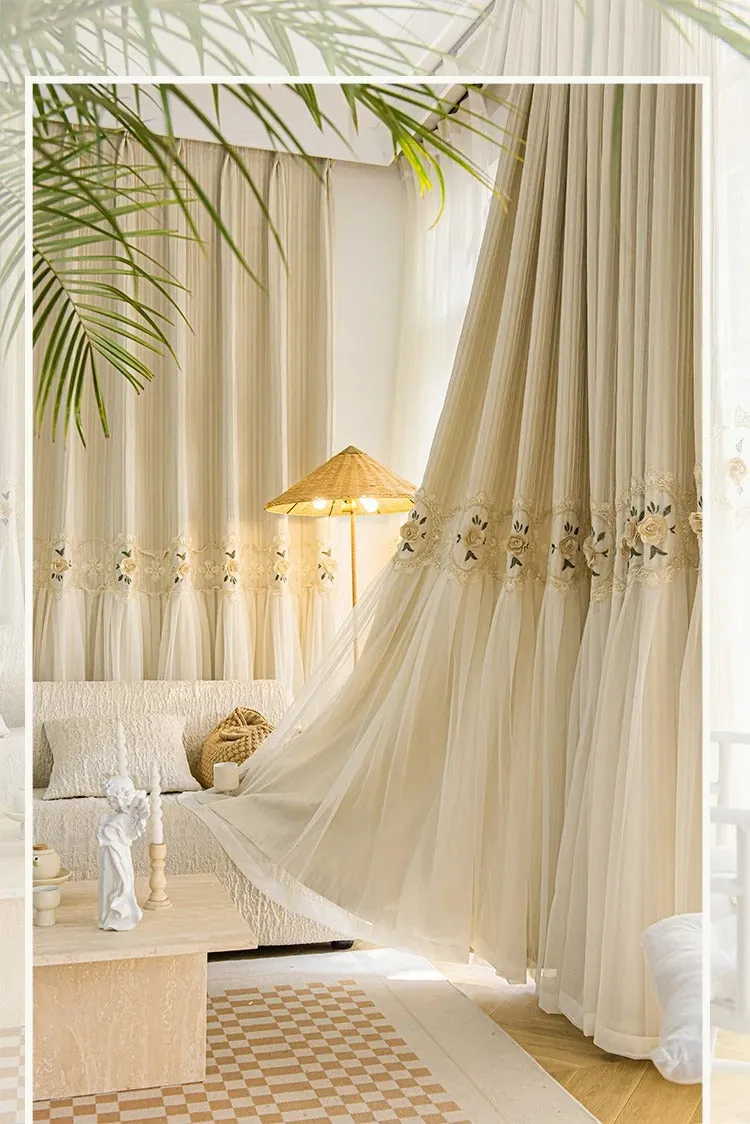 Mila Luxury Bottom Veil Style Sheer Over Blackout Curtain - Biege