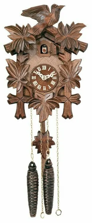 One Day Hand-Carved 9" Cuckoo Clock with Five Maple Leaves & One Bird W/ Night Shut off