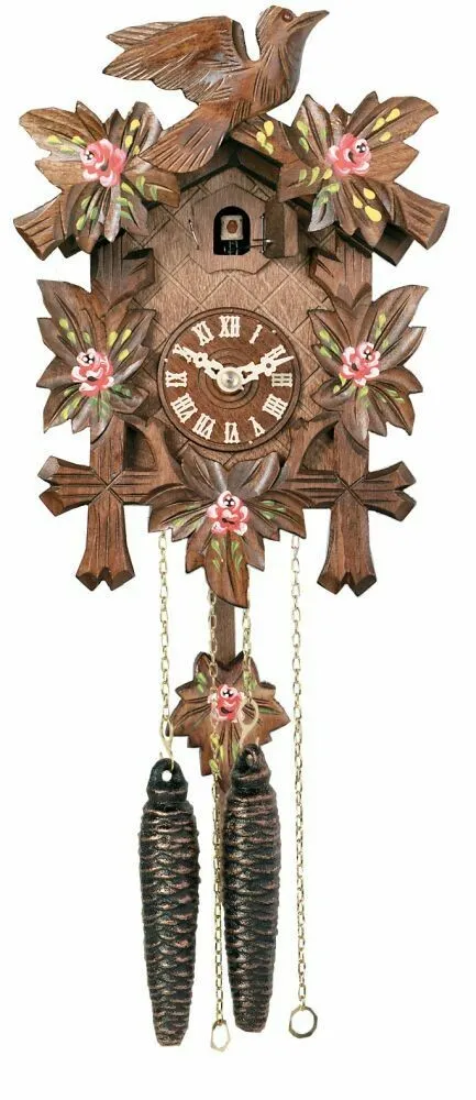 One Day Hand-Carved Cuckoo Clock with Hand-Painted Flowers, Five Maple Leaves, & One Bird