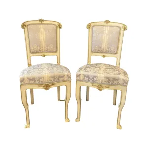 Pair of Italian Gold Gilt and Cream Painted Midcentury Art Nouveau Side, Dining or Accent Chairs