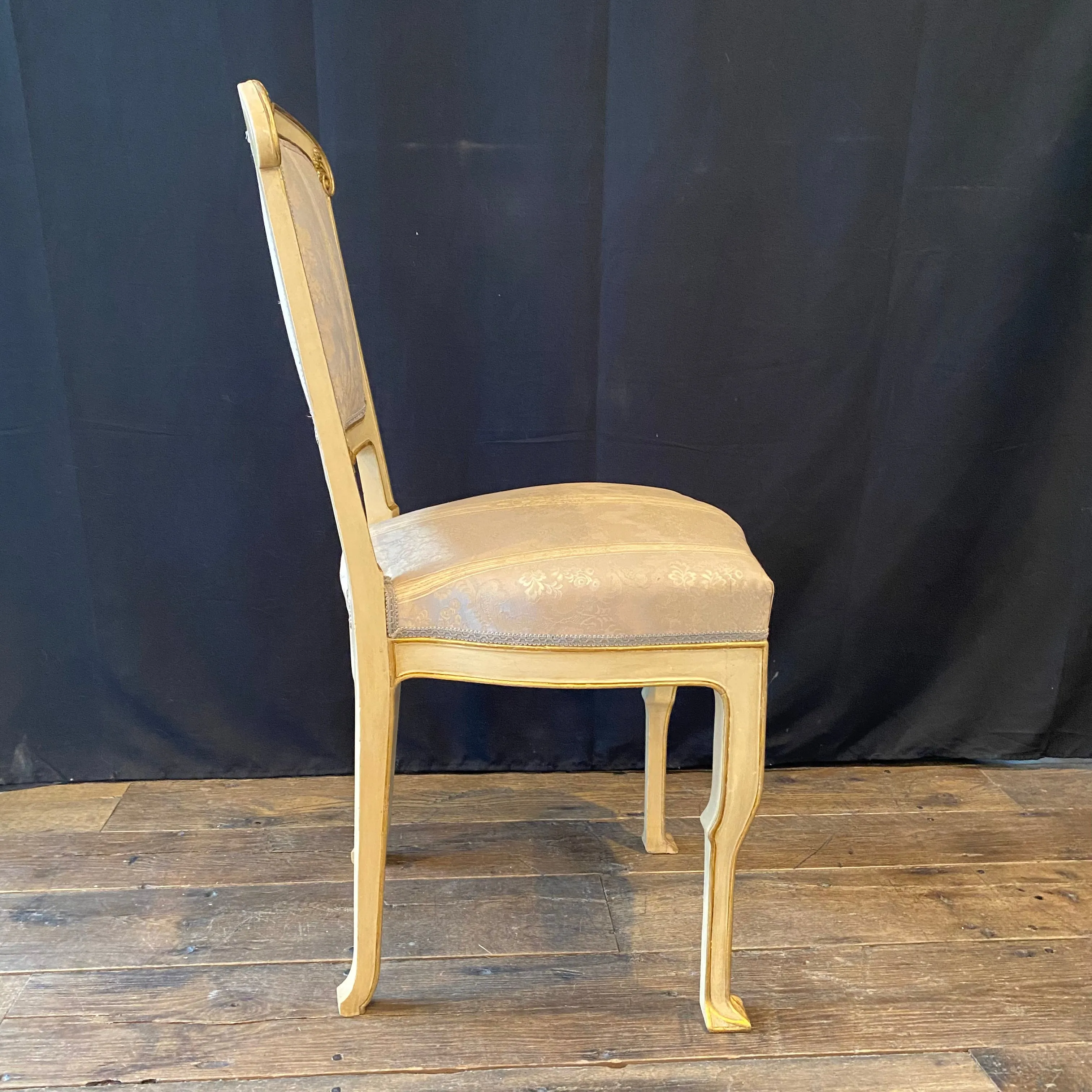 Pair of Italian Gold Gilt and Cream Painted Midcentury Art Nouveau Side, Dining or Accent Chairs