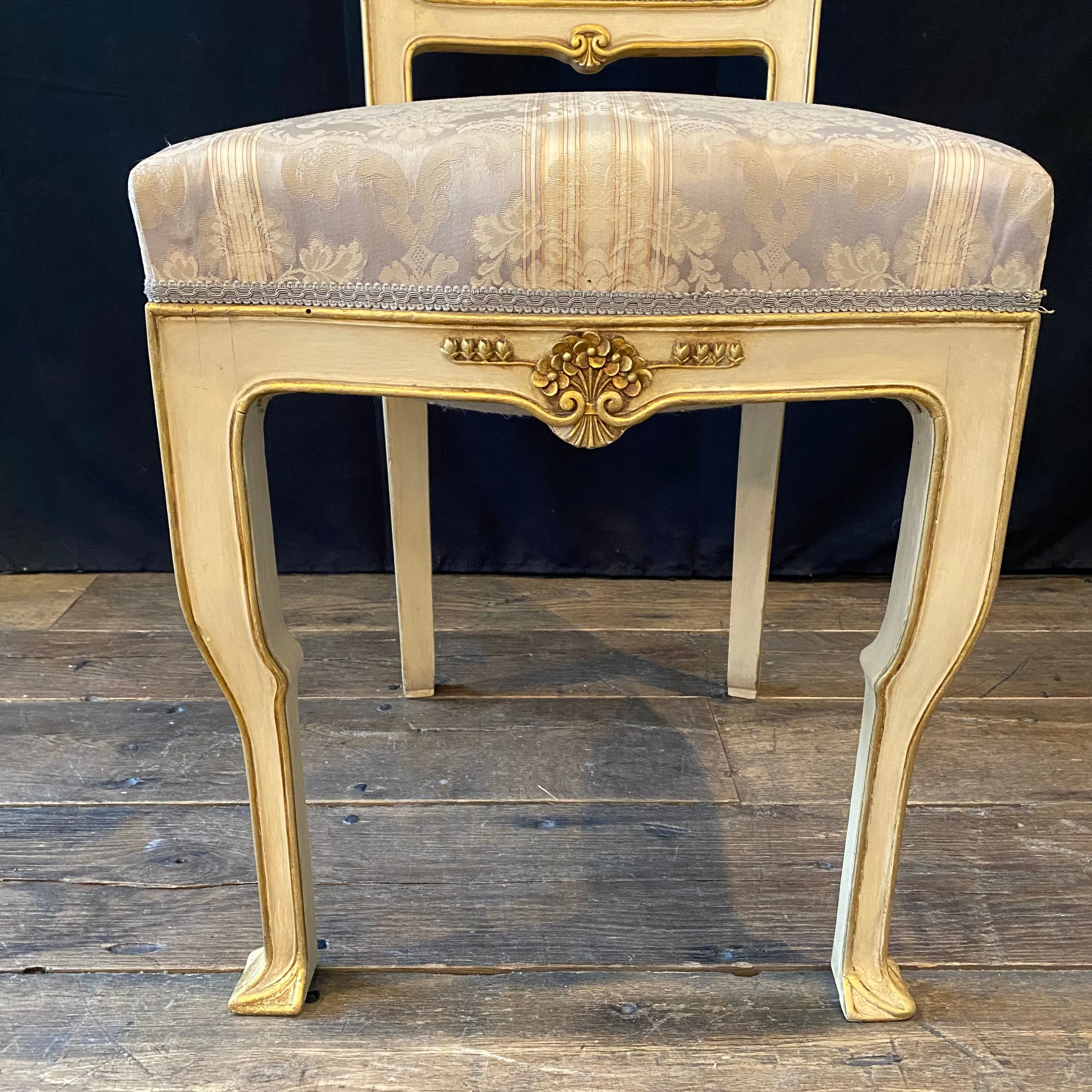 Pair of Italian Gold Gilt and Cream Painted Midcentury Art Nouveau Side, Dining or Accent Chairs