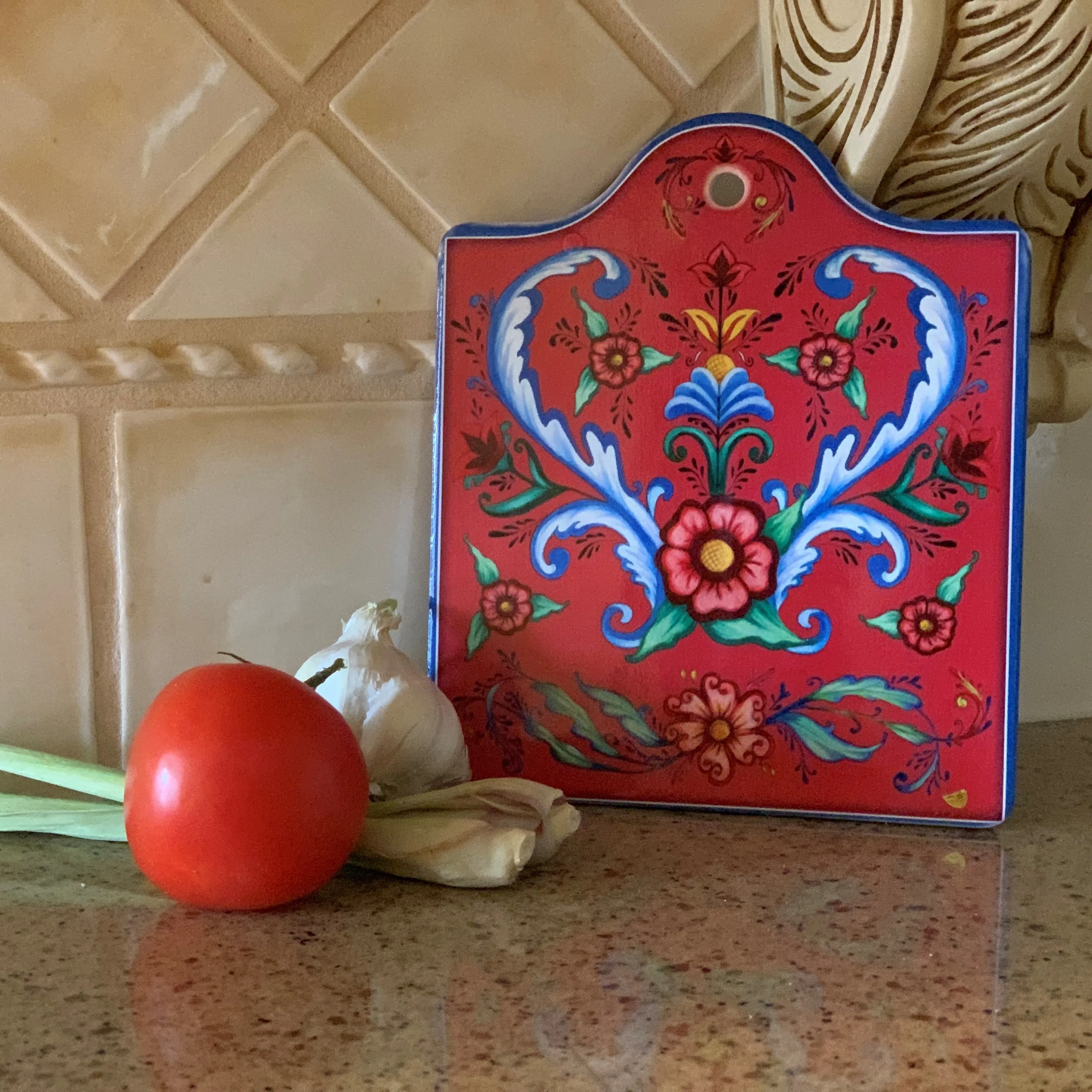 Red Rosemaling Ceramic Cheeseboard w/ Cork Backing