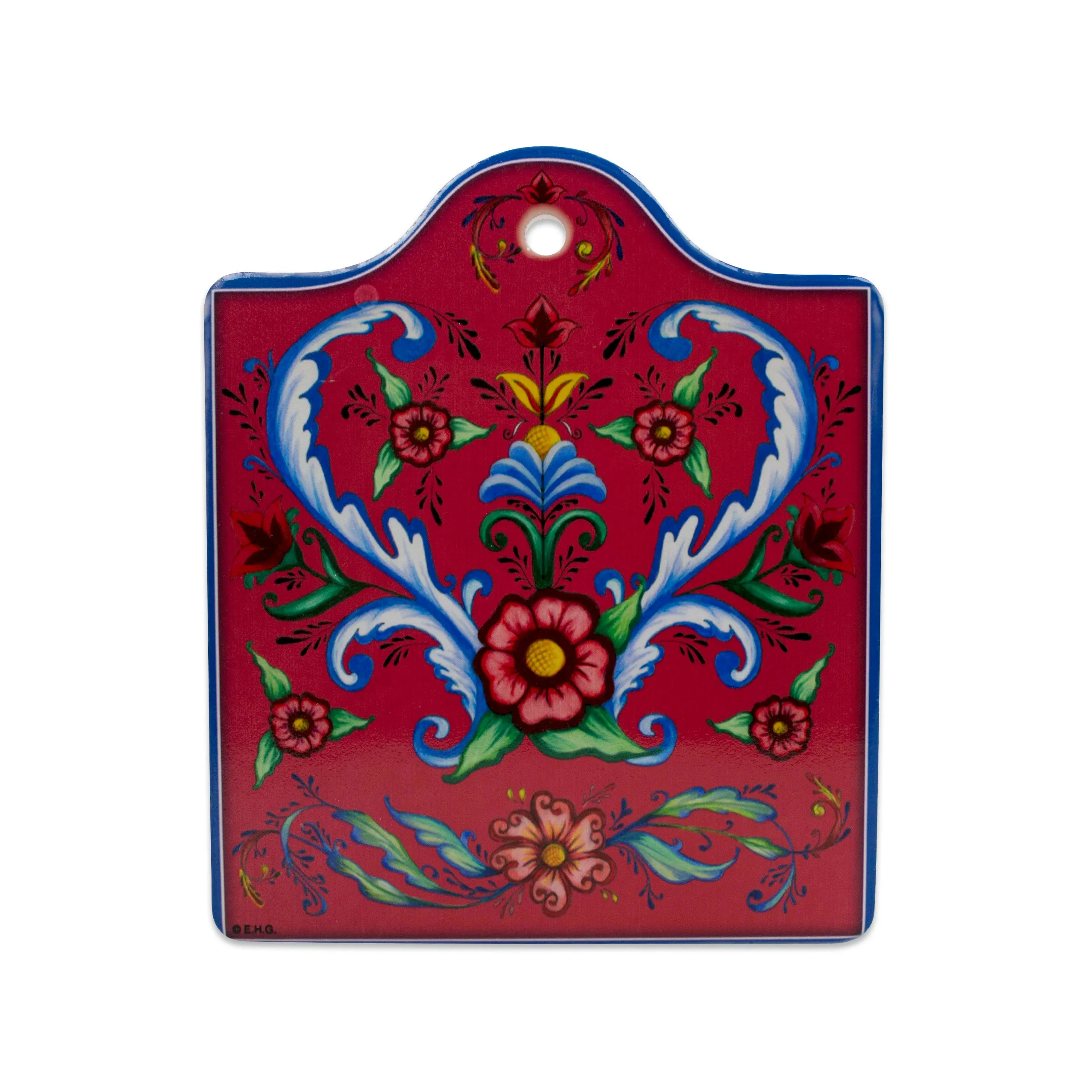 Red Rosemaling Ceramic Cheeseboard w/ Cork Backing