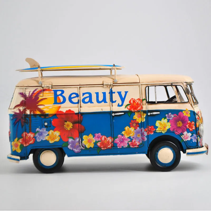 Retro Metal Volkswagen VW Camper Bus Car Blue and white Surf Boards Beach