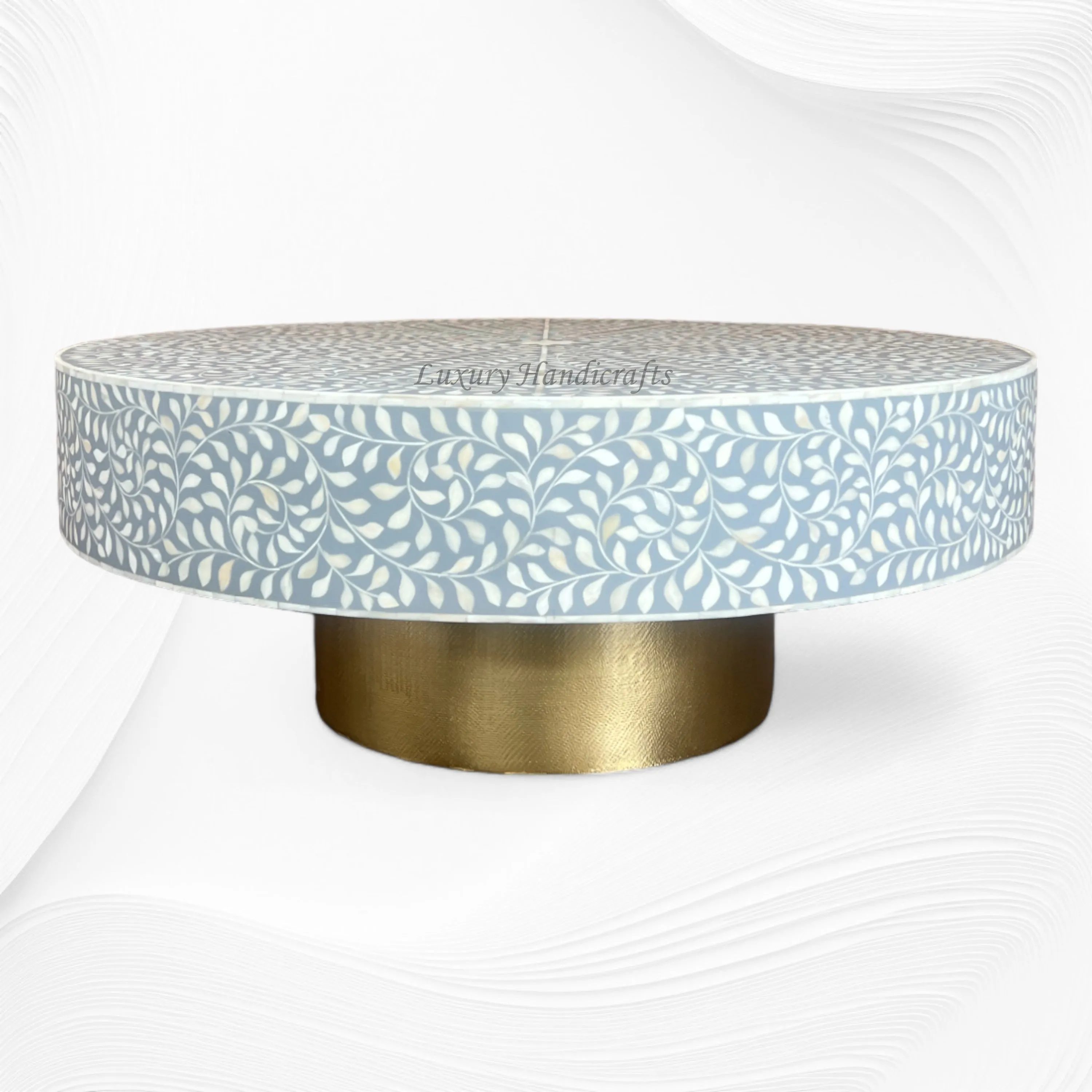 Scroll Vine Bone Inlay Coffee Table Grey | Round Inlay Coffee Table