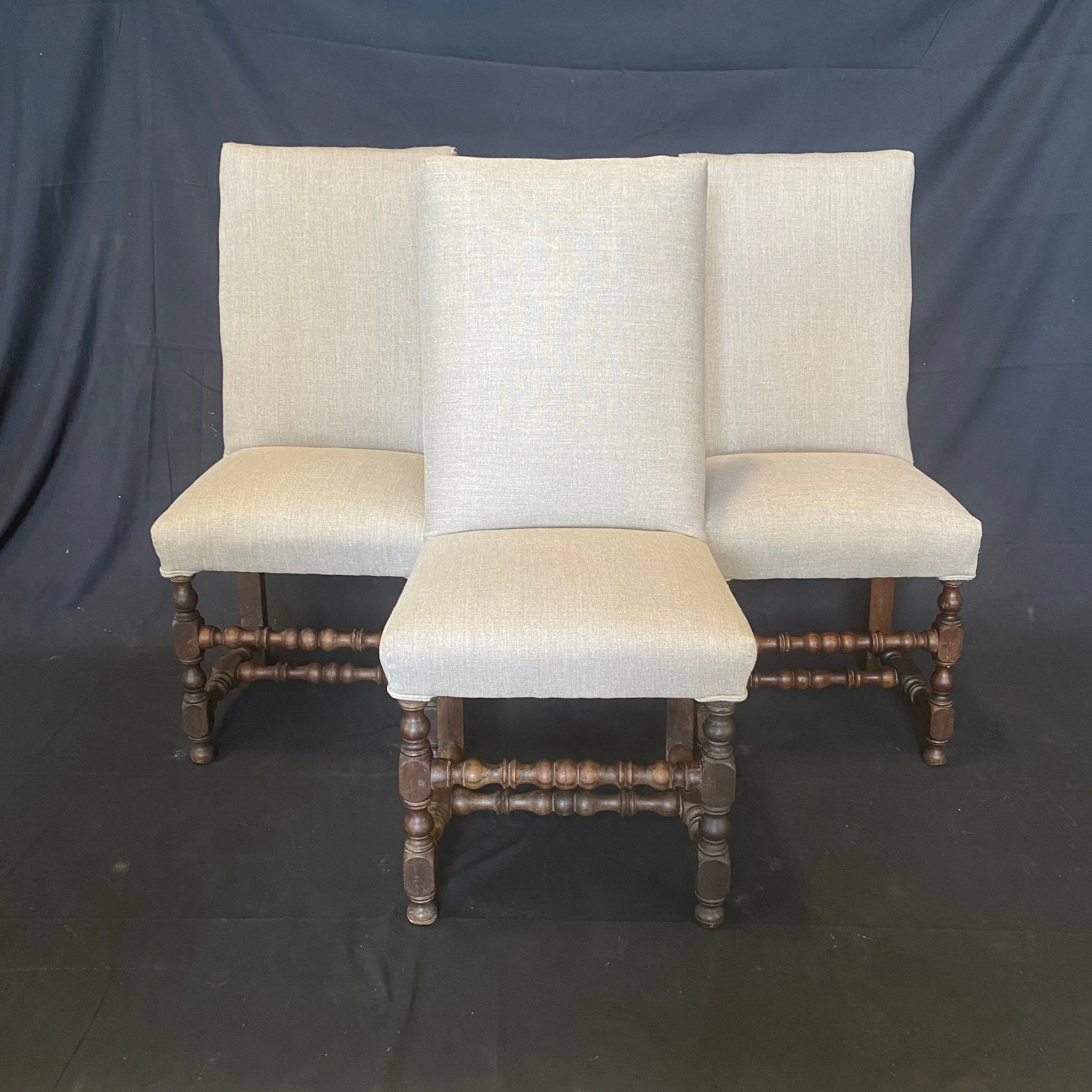 Set of Early French Louis XIII Chairs with Intricate Turnery and New Upholstery (H 41.5")