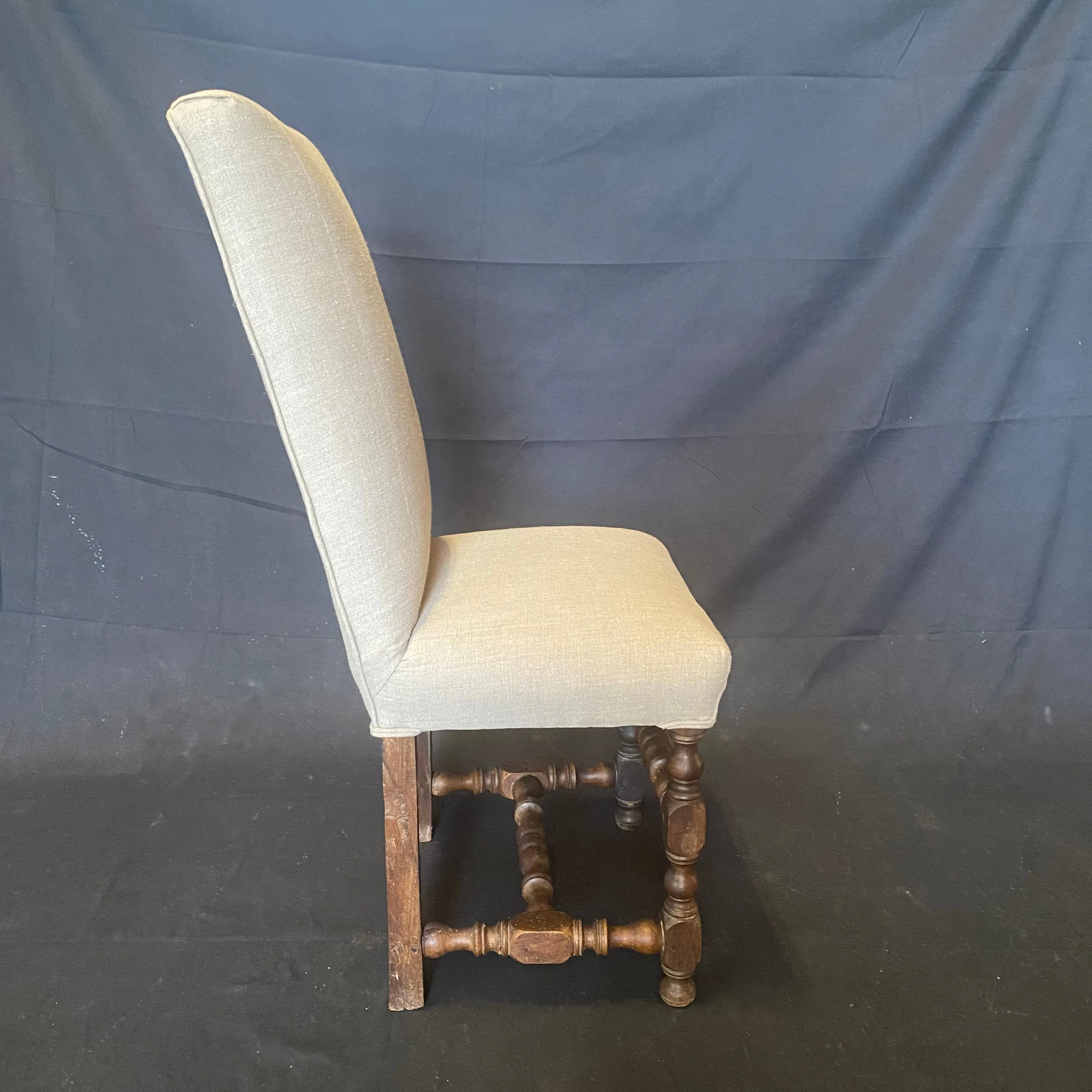 Set of Early French Louis XIII Chairs with Intricate Turnery and New Upholstery (H 41.5")