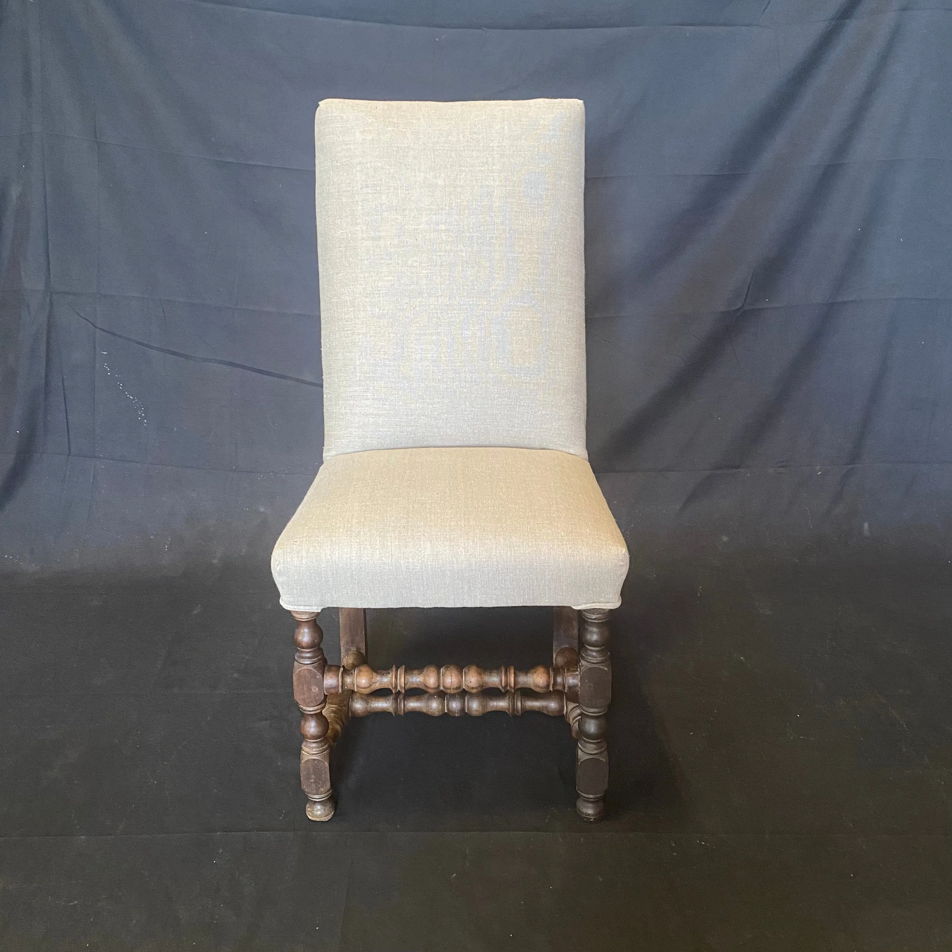 Set of Early French Louis XIII Chairs with Intricate Turnery and New Upholstery (H 41.5")