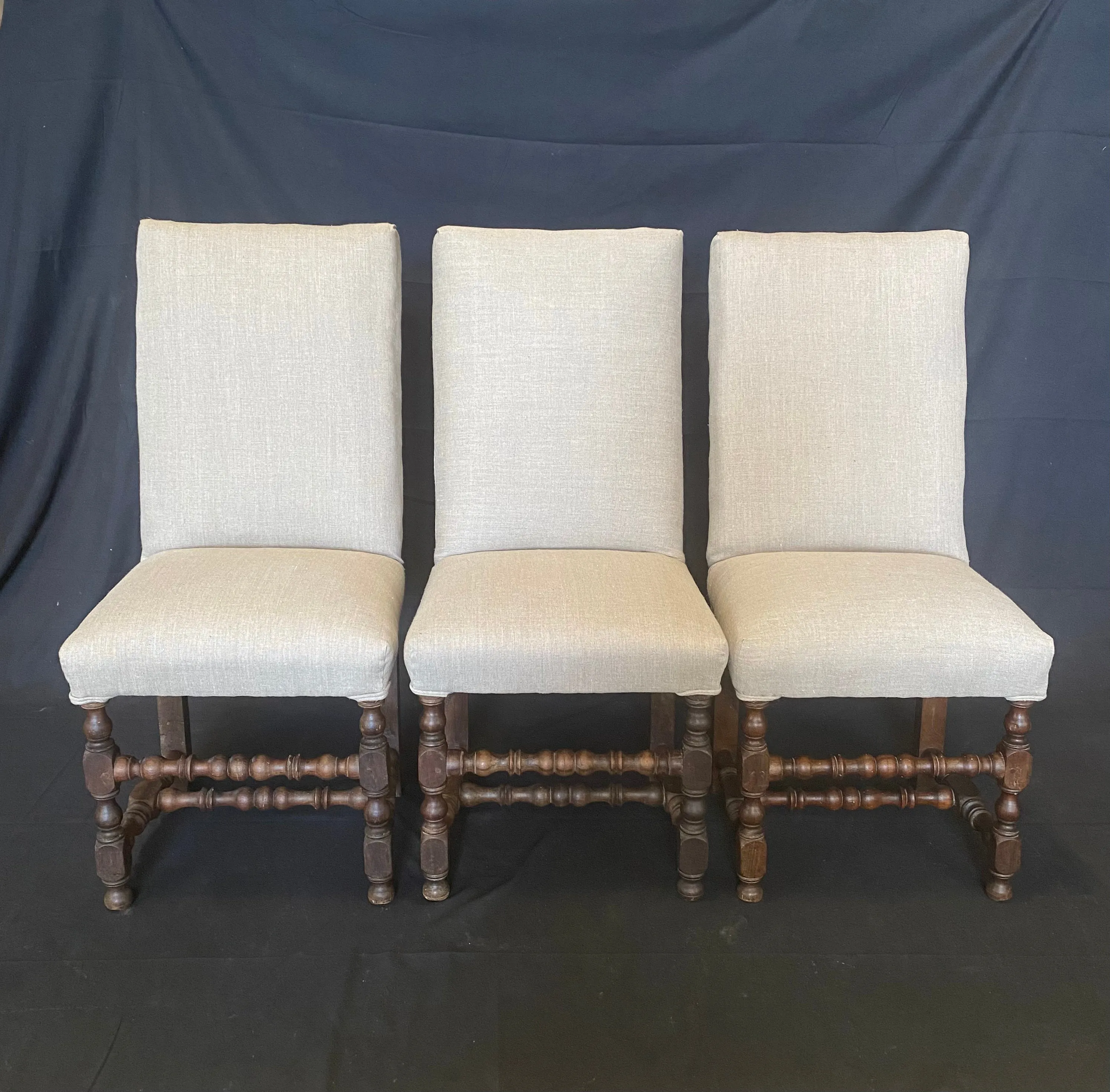 Set of Early French Louis XIII Chairs with Intricate Turnery and New Upholstery (H 41.5")