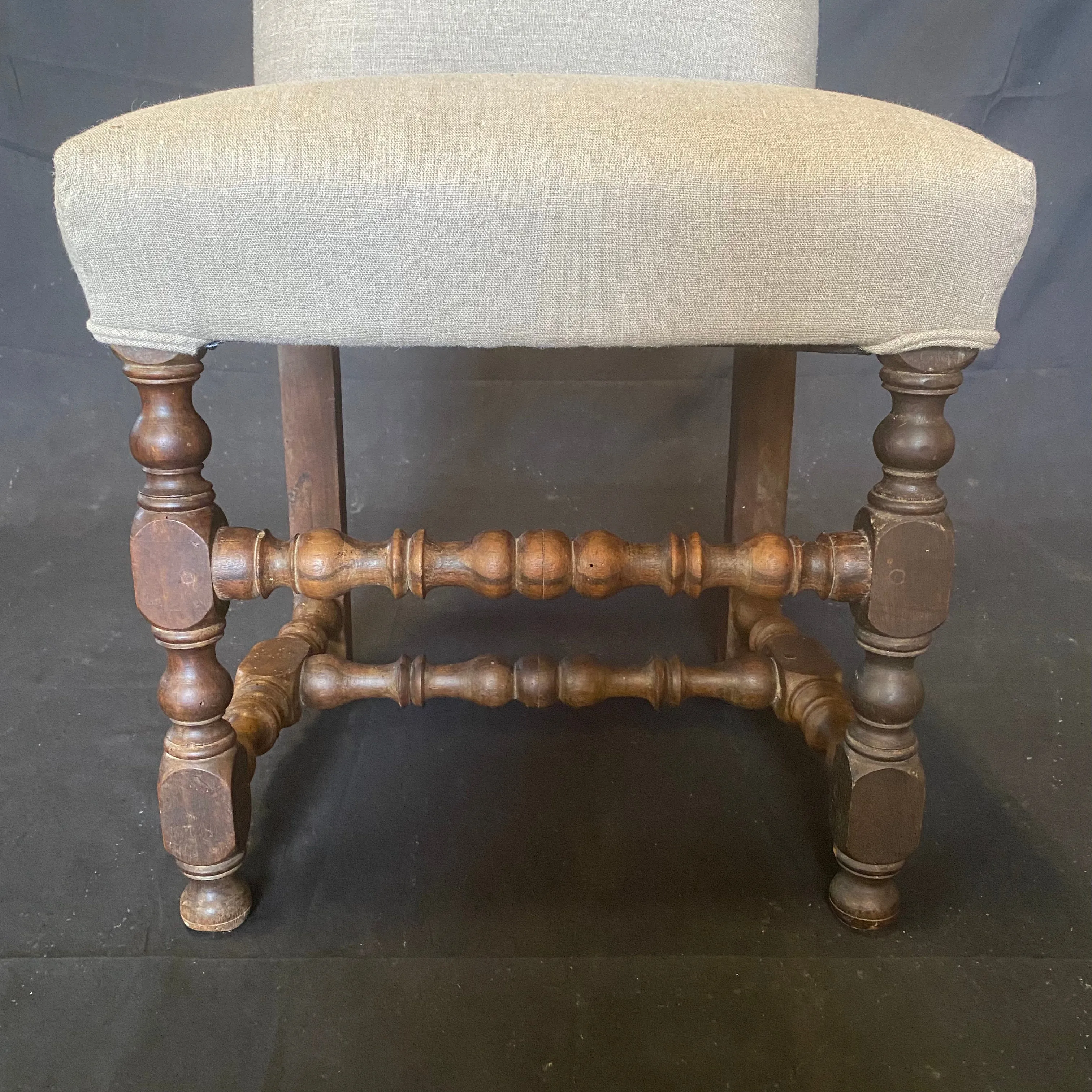 Set of Early French Louis XIII Chairs with Intricate Turnery and New Upholstery (H 41.5")