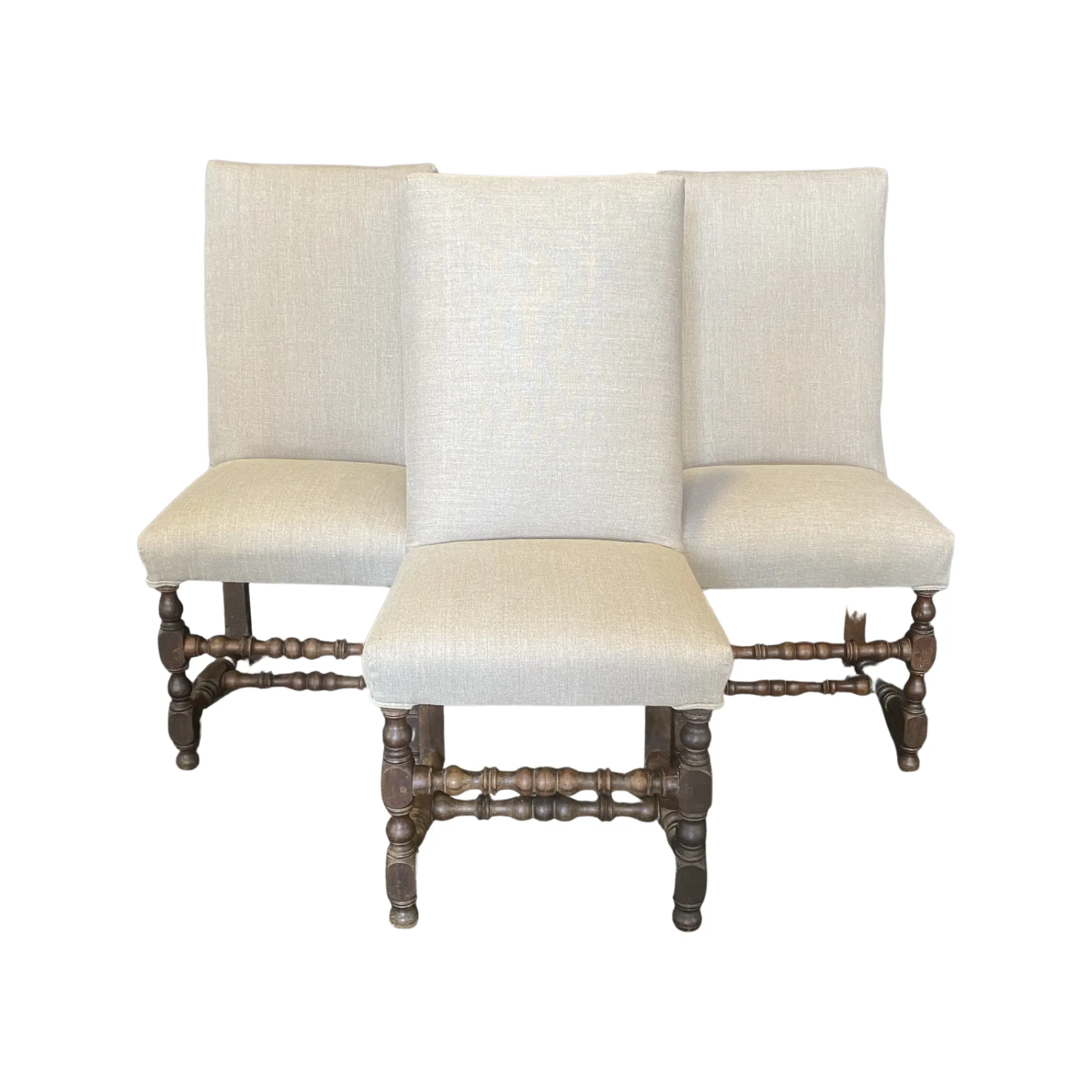 Set of Early French Louis XIII Chairs with Intricate Turnery and New Upholstery (H 41.5")