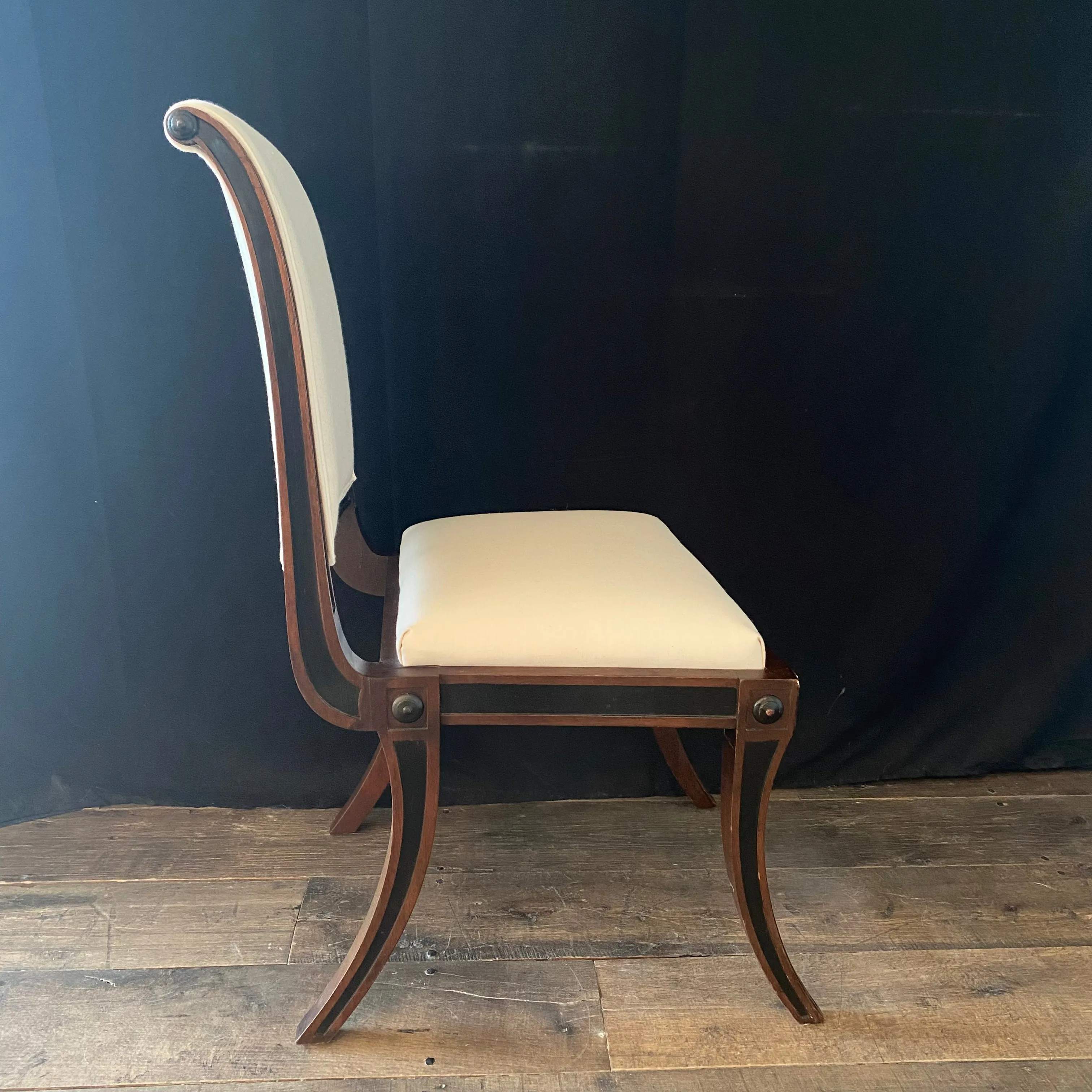 Set of Five Klismos Ebony and Mahogany Neoclassical Occasional, Accent, Side or Dining Chairs Newly Reupholstered