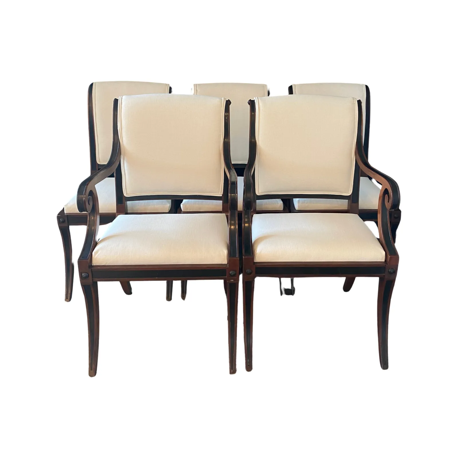 Set of Five Klismos Ebony and Mahogany Neoclassical Occasional, Accent, Side or Dining Chairs Newly Reupholstered