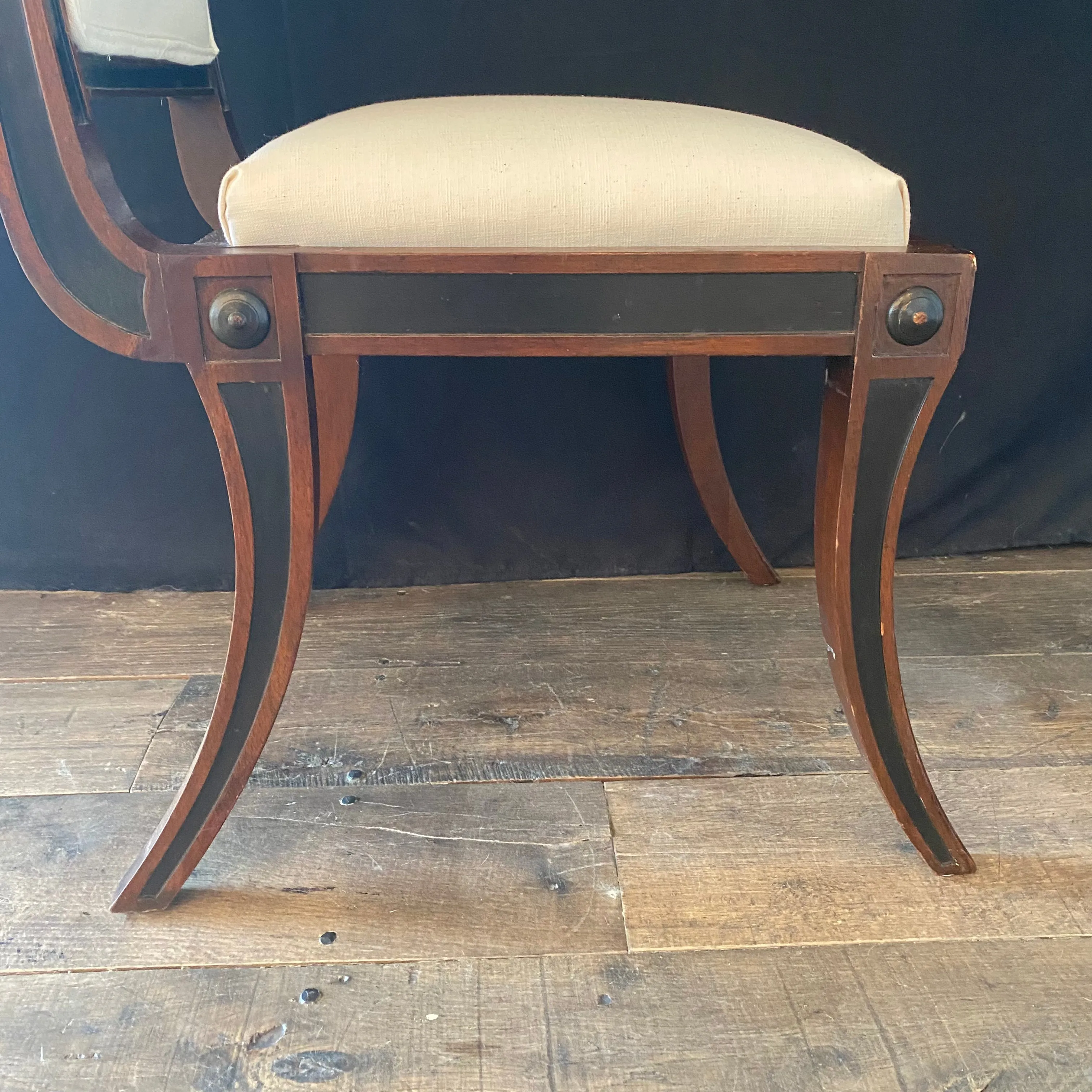 Set of Five Klismos Ebony and Mahogany Neoclassical Occasional, Accent, Side or Dining Chairs Newly Reupholstered