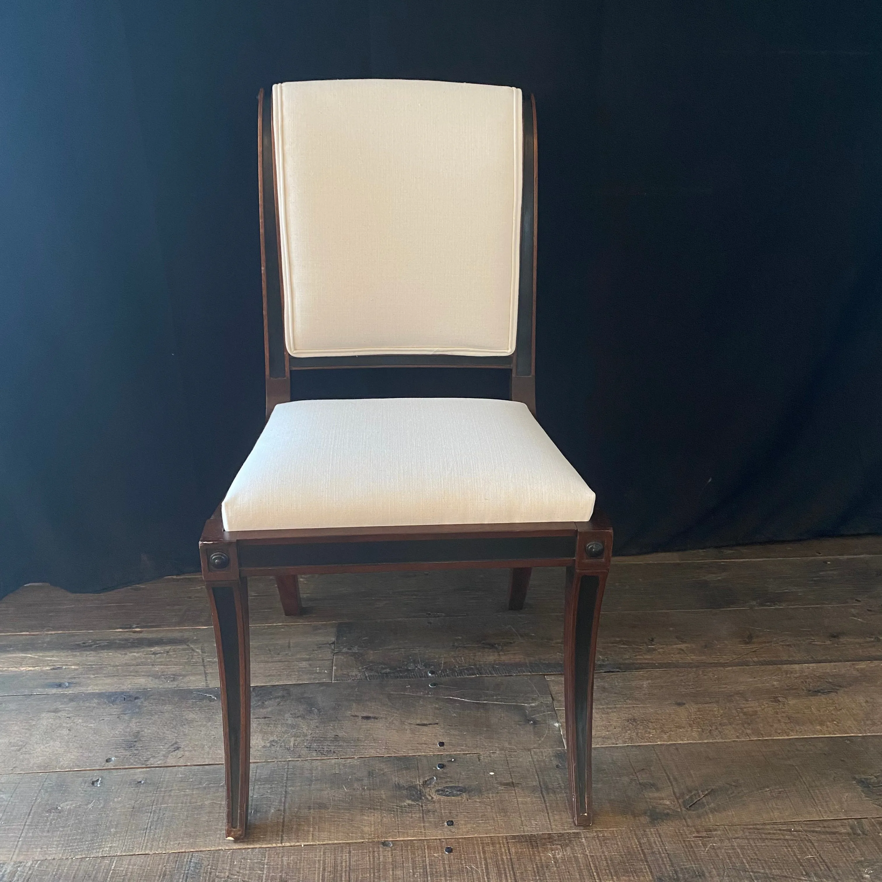 Set of Five Klismos Ebony and Mahogany Neoclassical Occasional, Accent, Side or Dining Chairs Newly Reupholstered