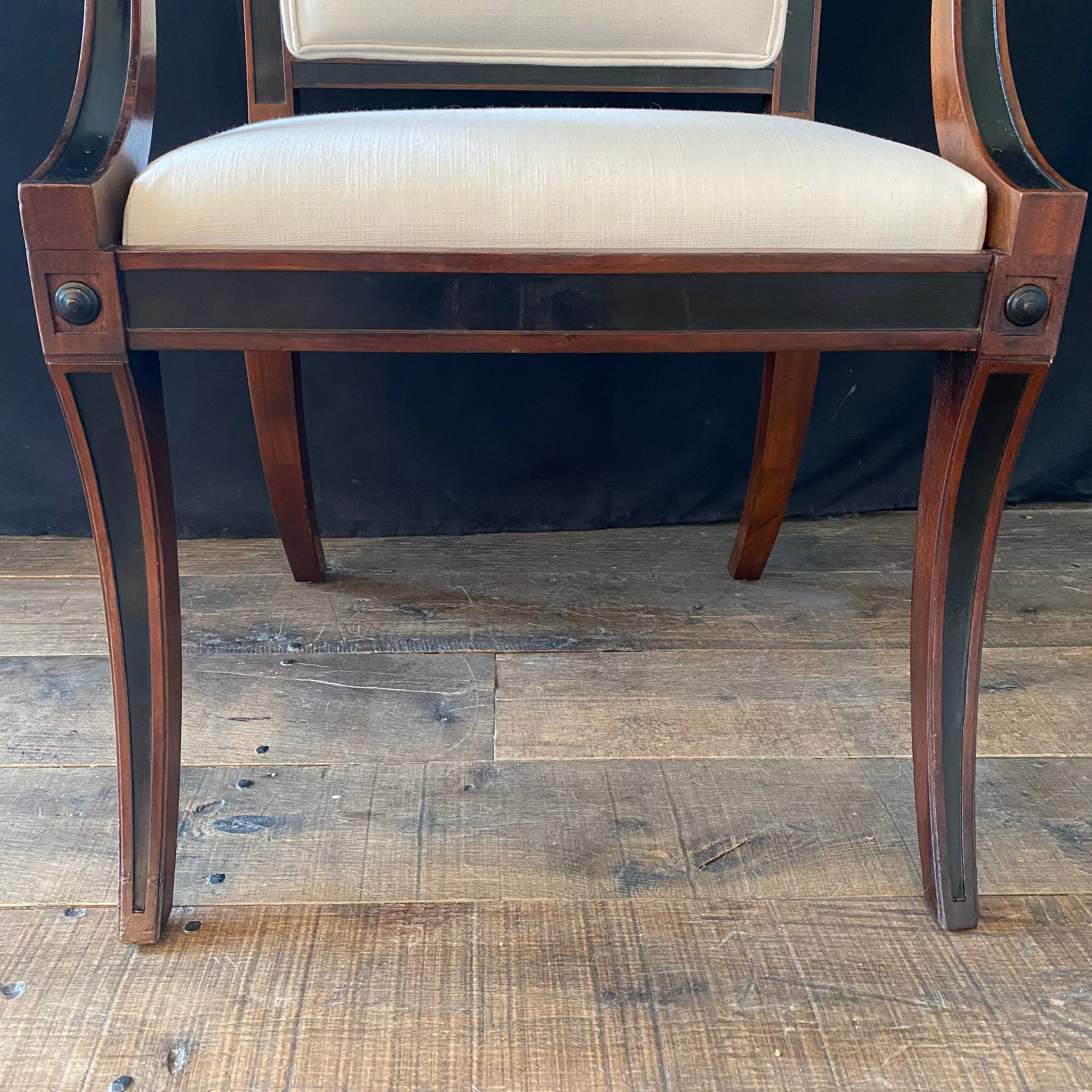 Set of Five Klismos Ebony and Mahogany Neoclassical Occasional, Accent, Side or Dining Chairs Newly Reupholstered