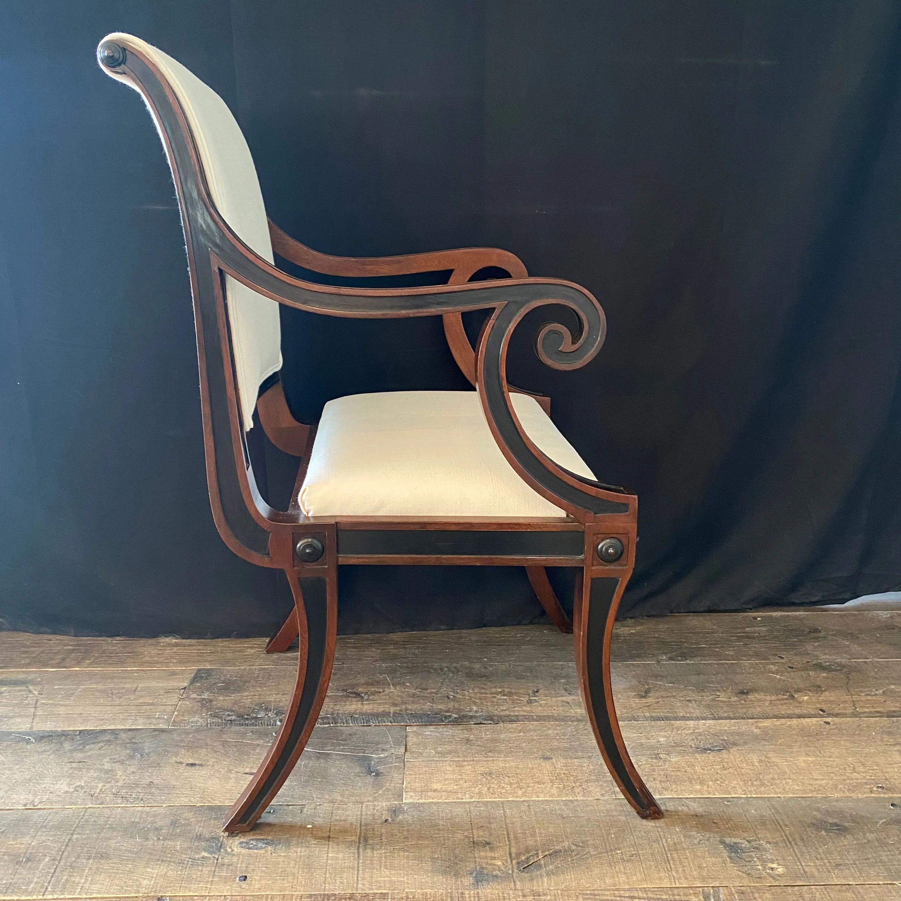 Set of Five Klismos Ebony and Mahogany Neoclassical Occasional, Accent, Side or Dining Chairs Newly Reupholstered