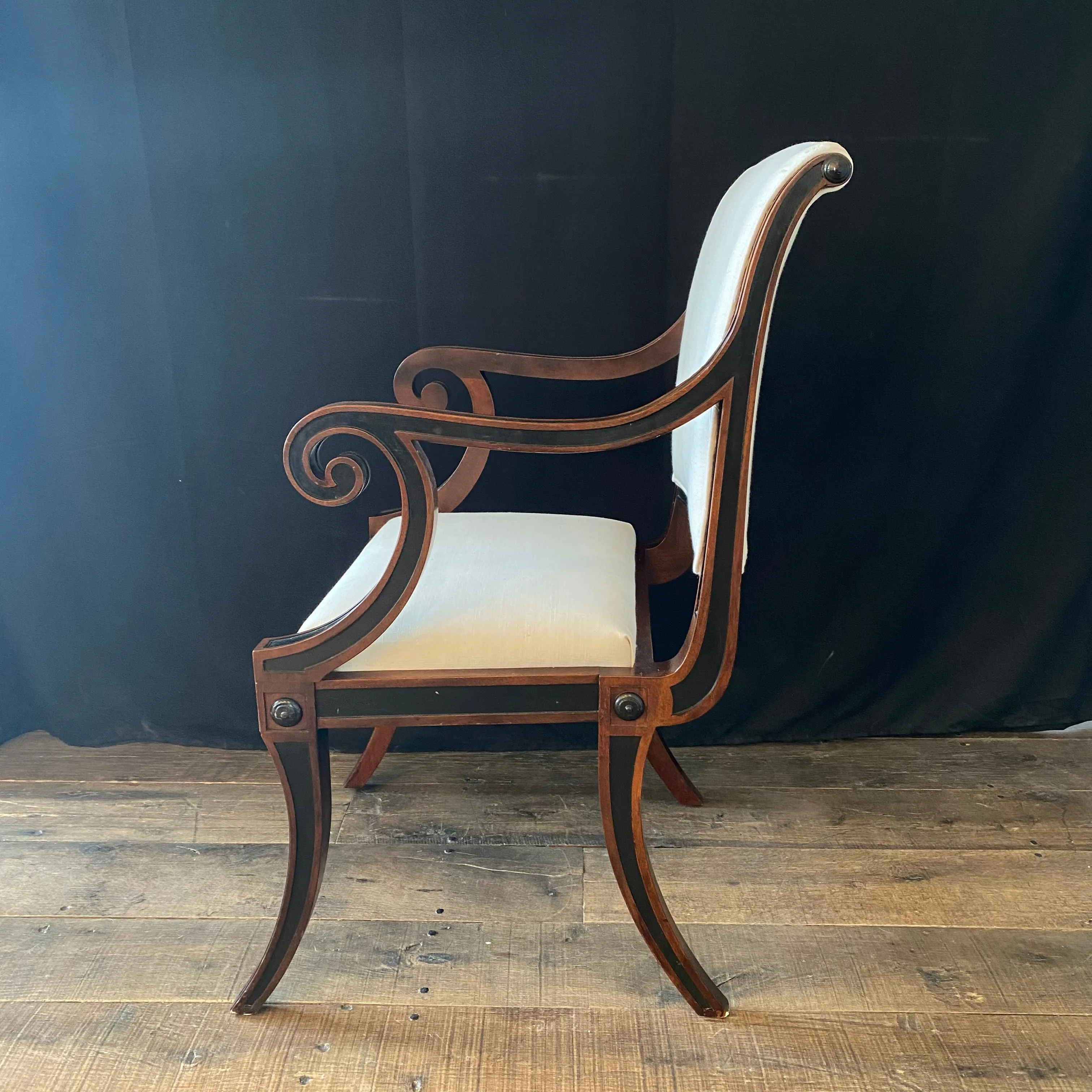 Set of Five Klismos Ebony and Mahogany Neoclassical Occasional, Accent, Side or Dining Chairs Newly Reupholstered