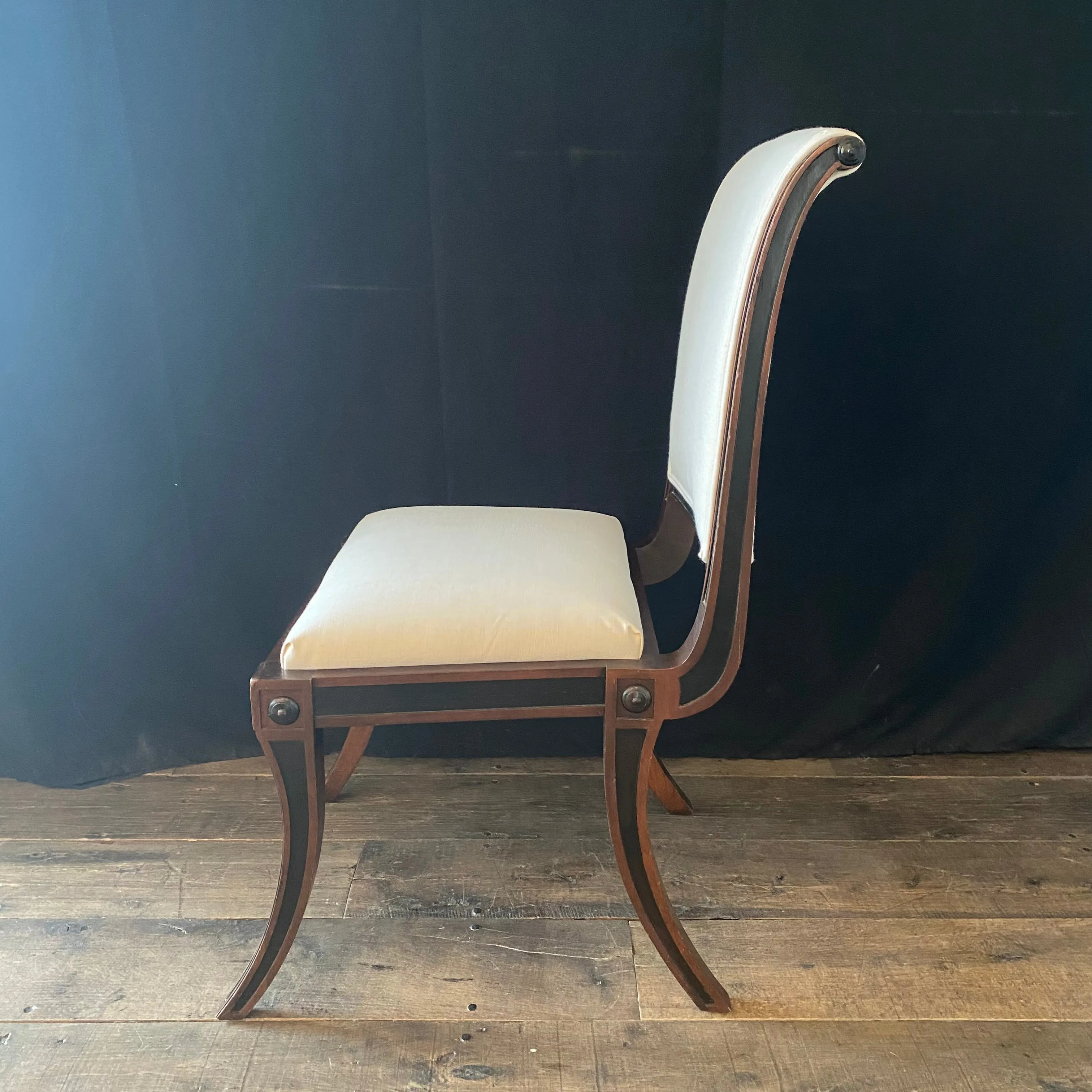 Set of Five Klismos Ebony and Mahogany Neoclassical Occasional, Accent, Side or Dining Chairs Newly Reupholstered