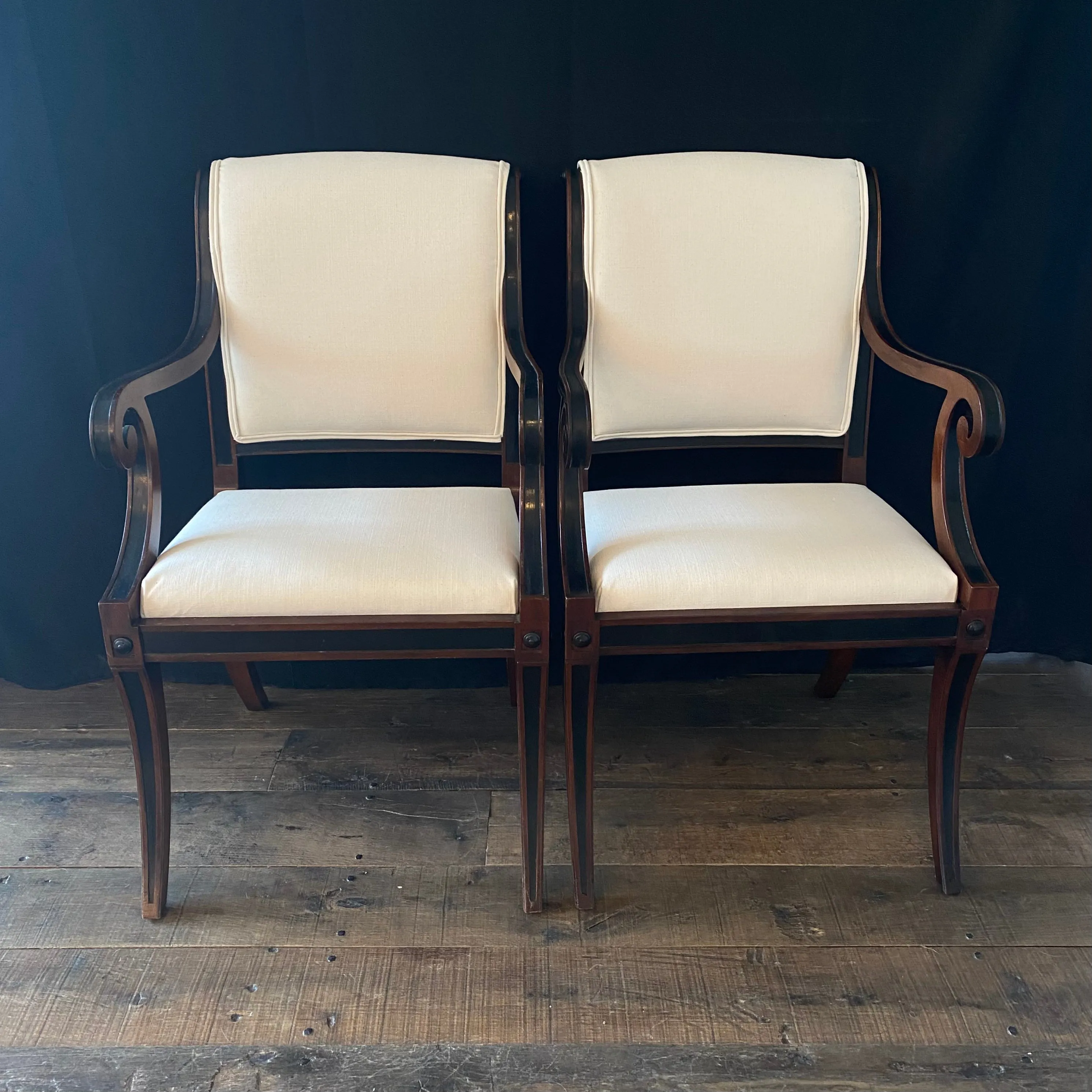 Set of Five Klismos Ebony and Mahogany Neoclassical Occasional, Accent, Side or Dining Chairs Newly Reupholstered