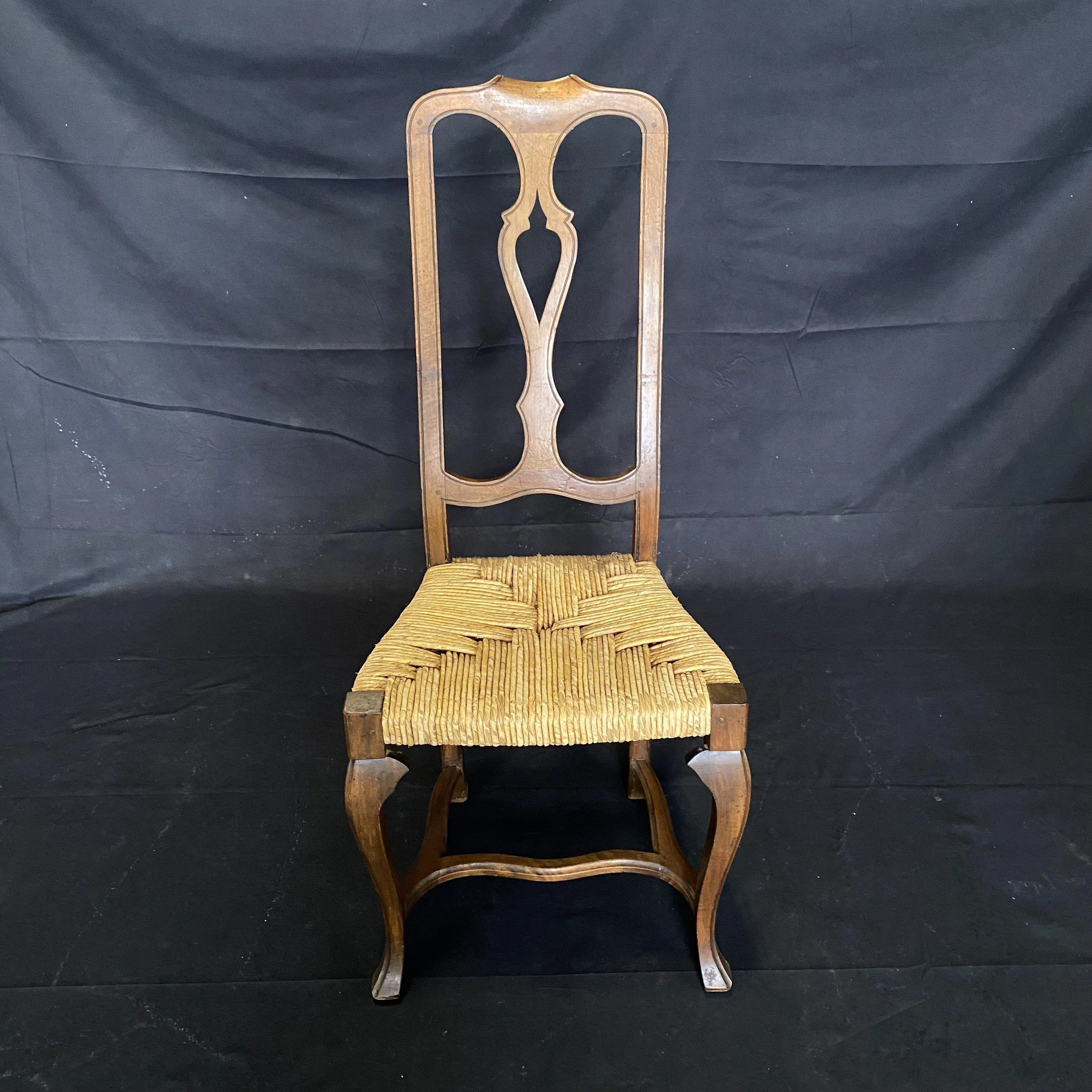 Set of Four 19th Century Country French Provincial Walnut Dining Chairs with Patterned Rush Seats