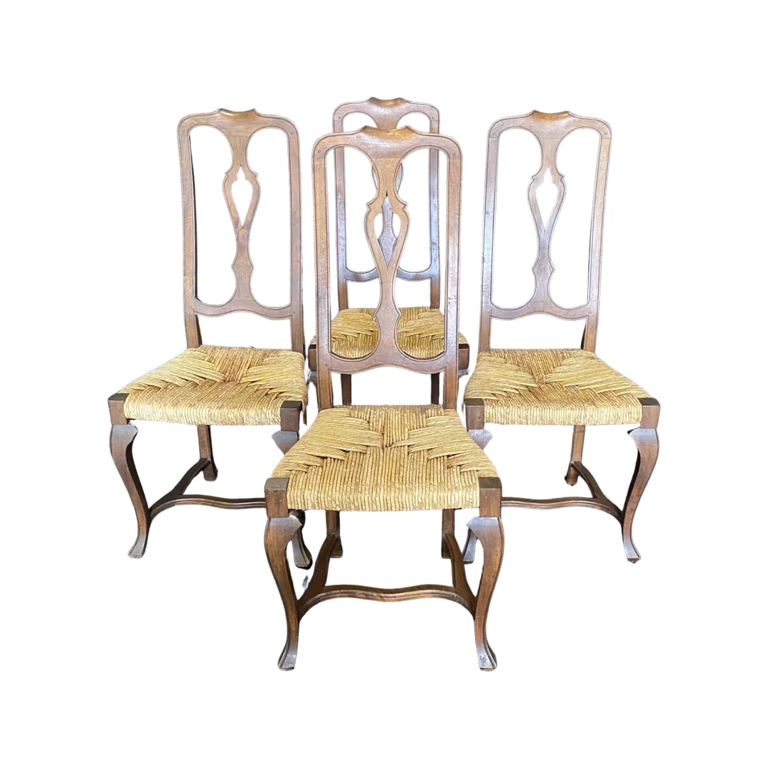 Set of Four 19th Century Country French Provincial Walnut Dining Chairs with Patterned Rush Seats