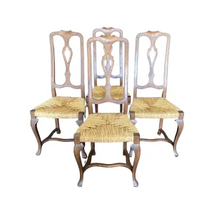 Set of Four 19th Century Country French Provincial Walnut Dining Chairs with Patterned Rush Seats