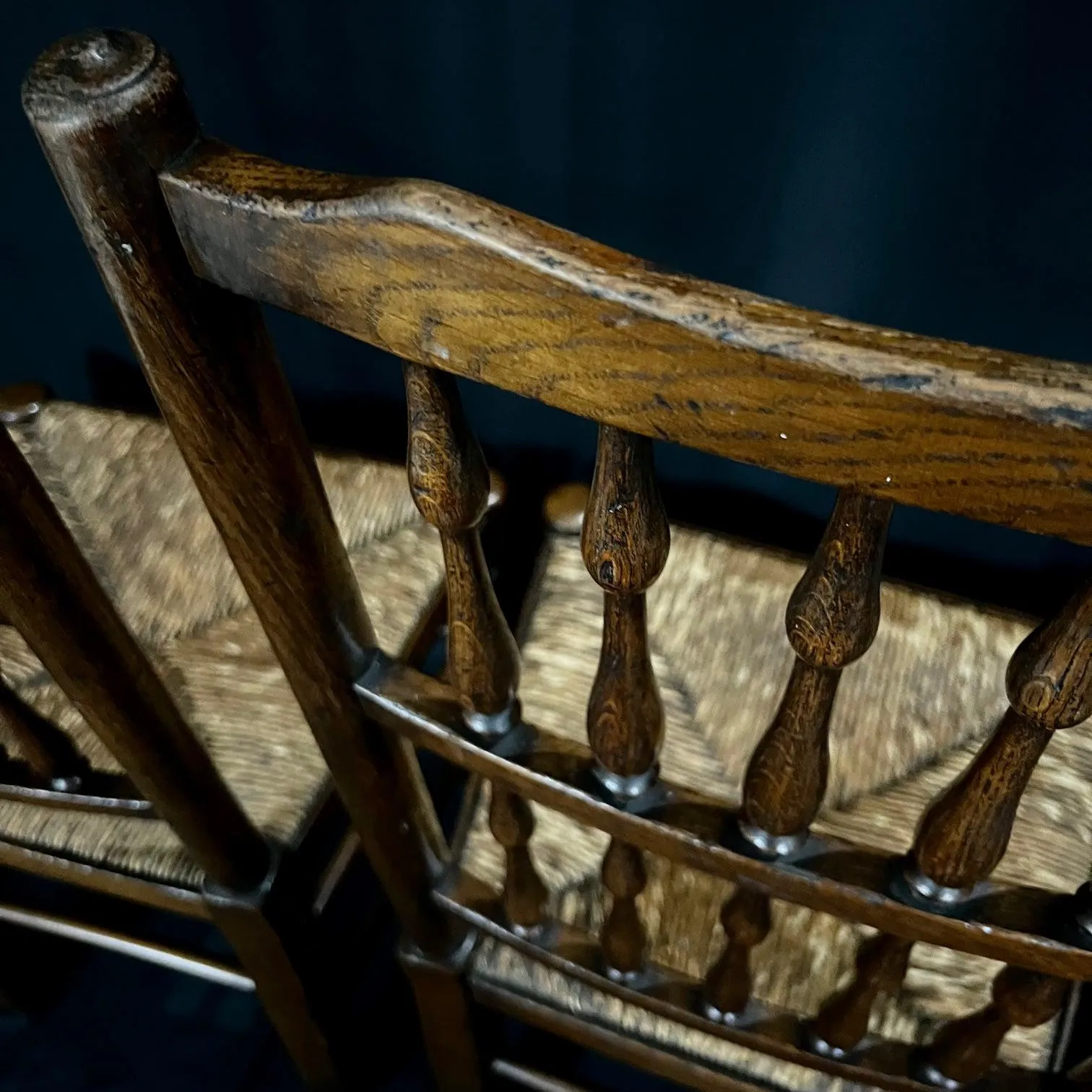 Set of Four Early 19th Century Carved British Oak Dining Chairs or Side Chairs with Original Patina and Rush Seats