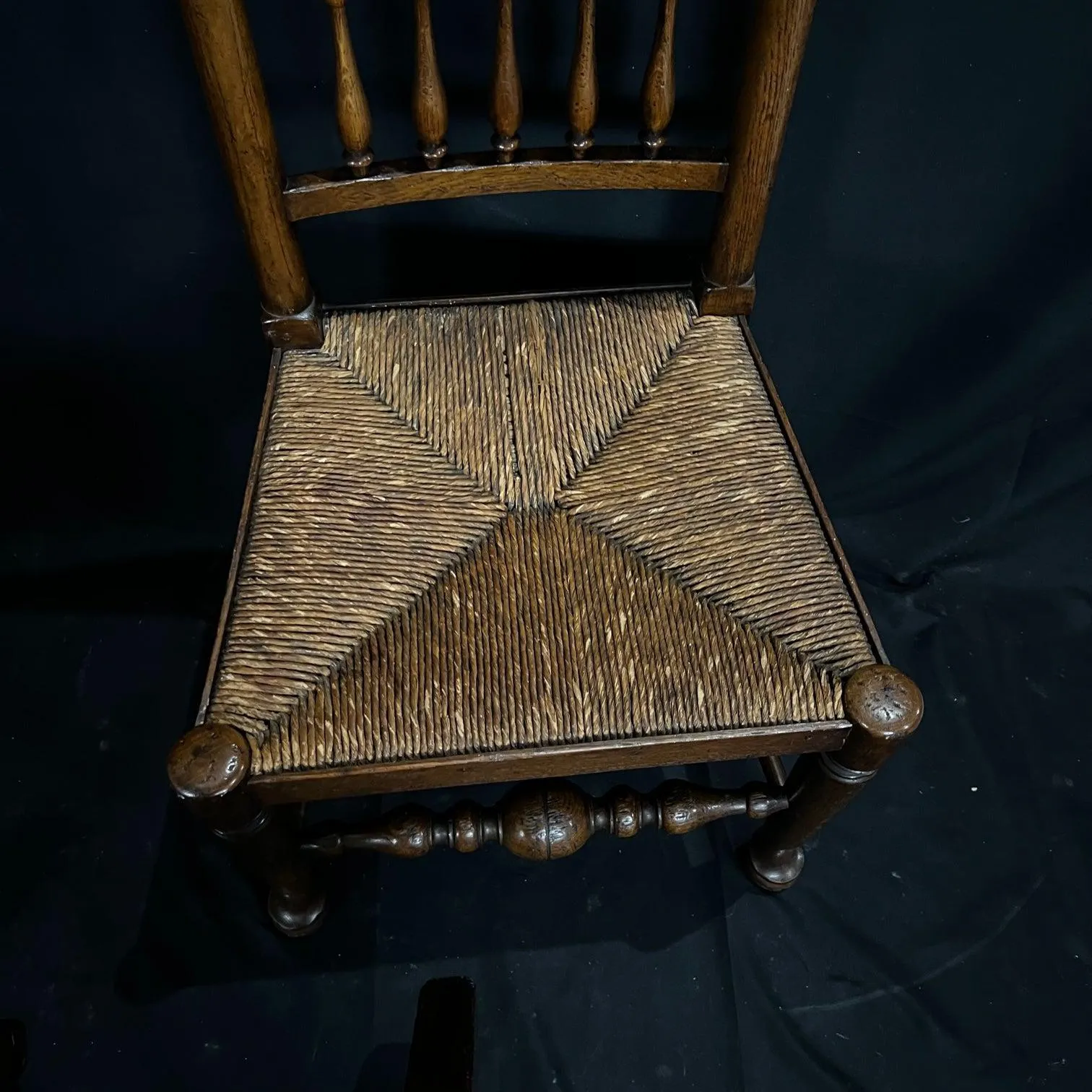 Set of Four Early 19th Century Carved British Oak Dining Chairs or Side Chairs with Original Patina and Rush Seats