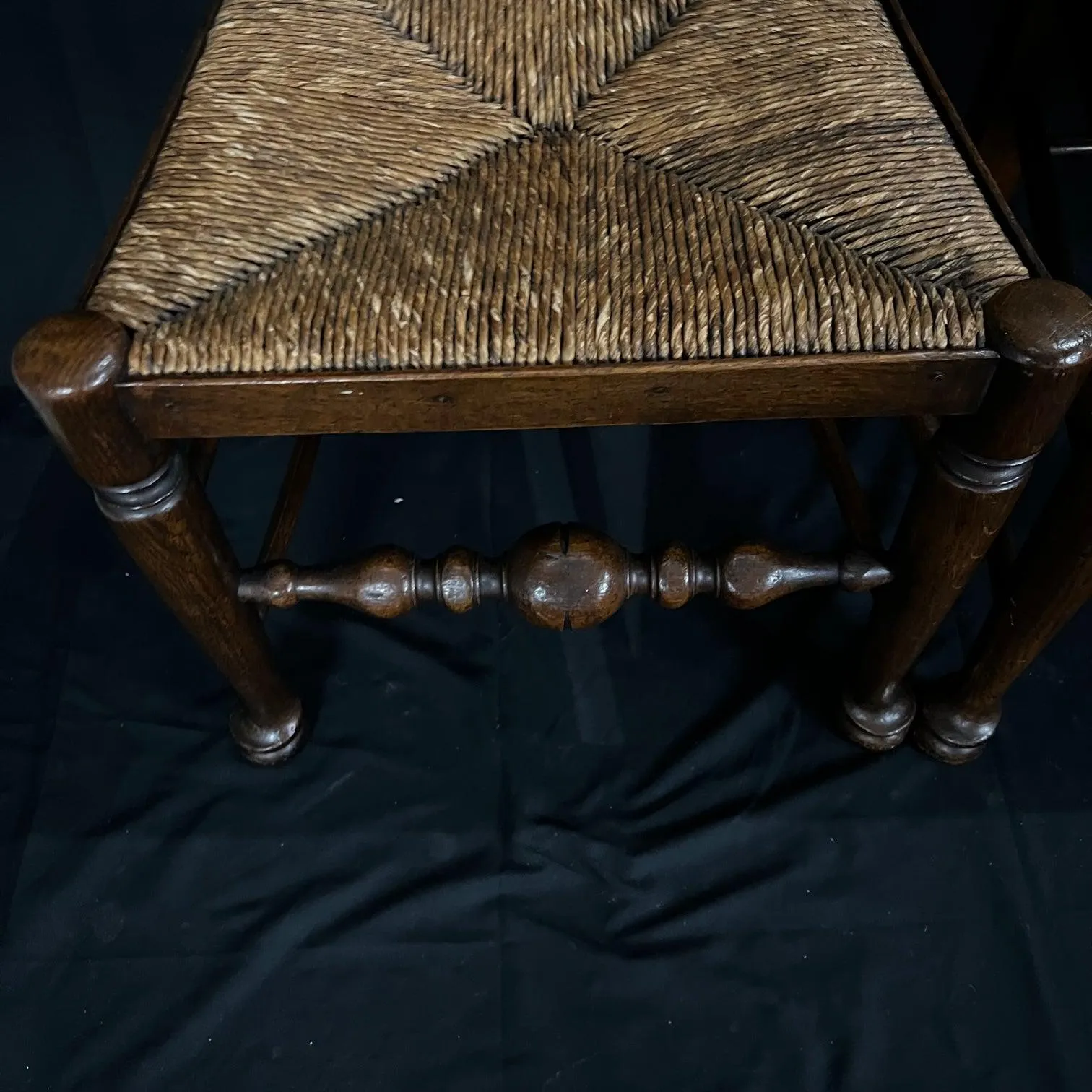 Set of Four Early 19th Century Carved British Oak Dining Chairs or Side Chairs with Original Patina and Rush Seats