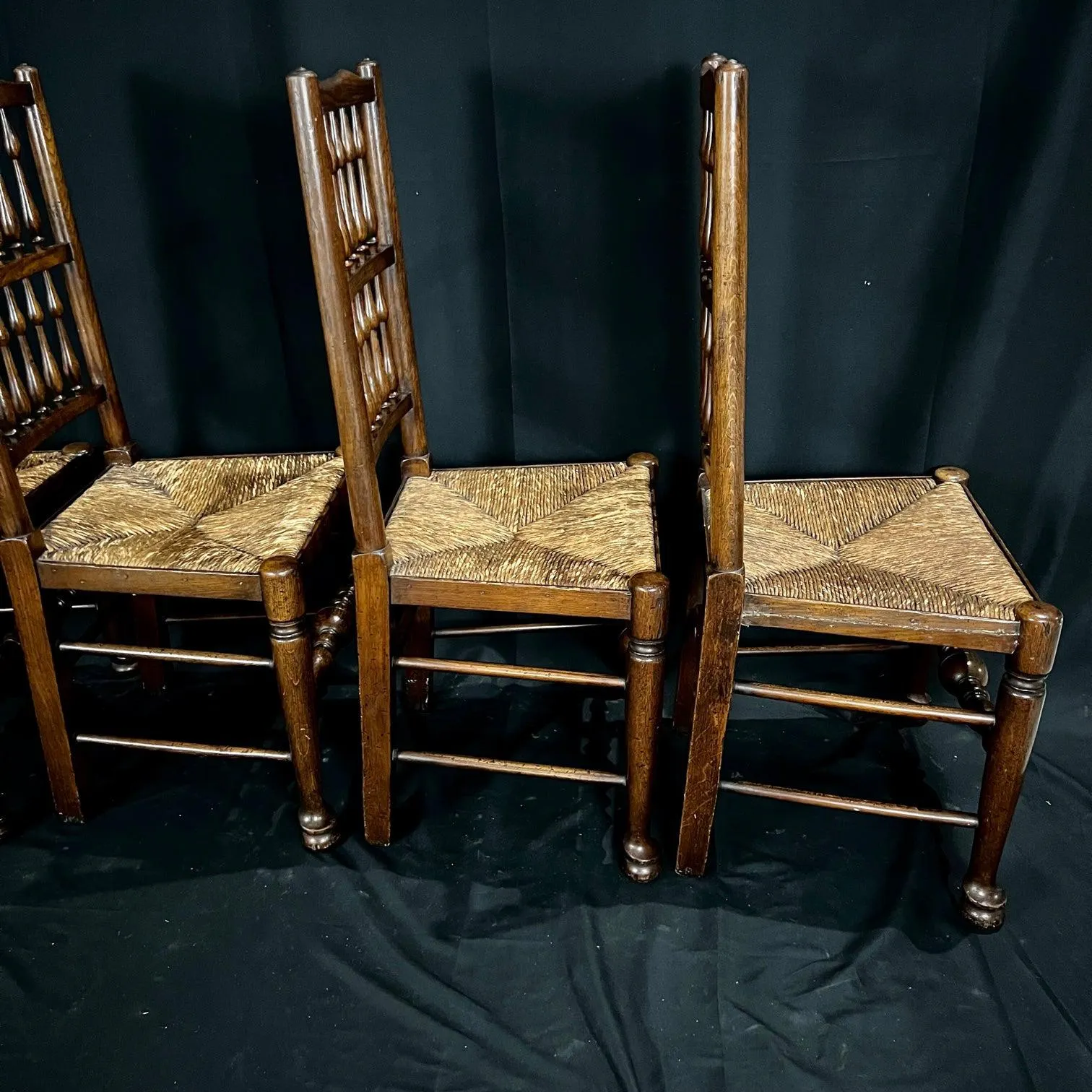 Set of Four Early 19th Century Carved British Oak Dining Chairs or Side Chairs with Original Patina and Rush Seats