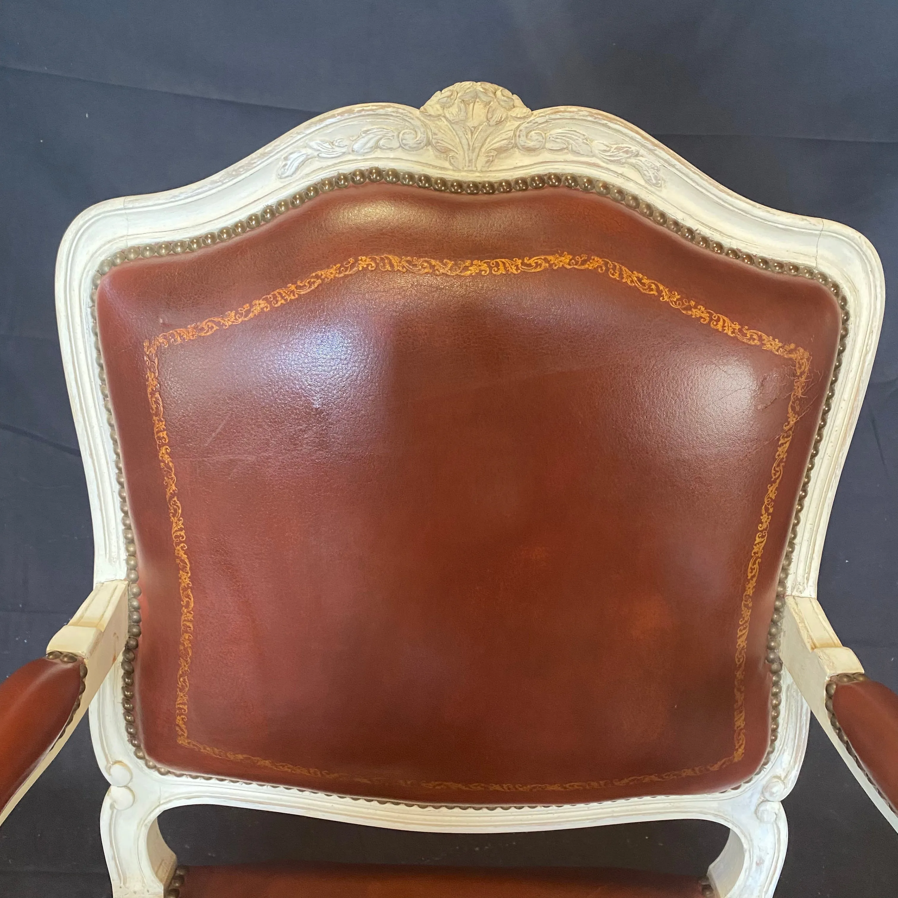 Set of Seven French Louis XV Leather Embossed Armchairs or Fauteuils