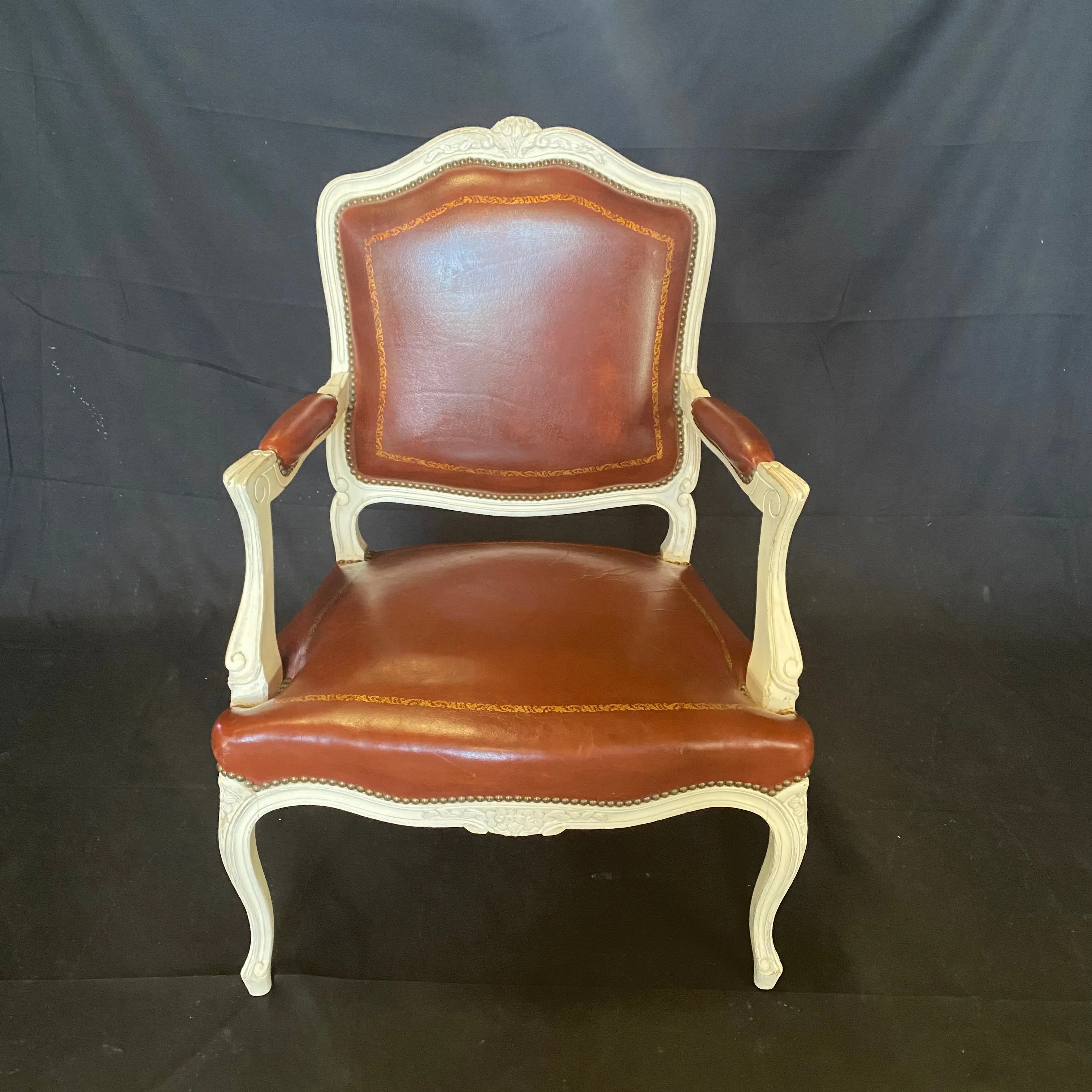 Set of Seven French Louis XV Leather Embossed Armchairs or Fauteuils