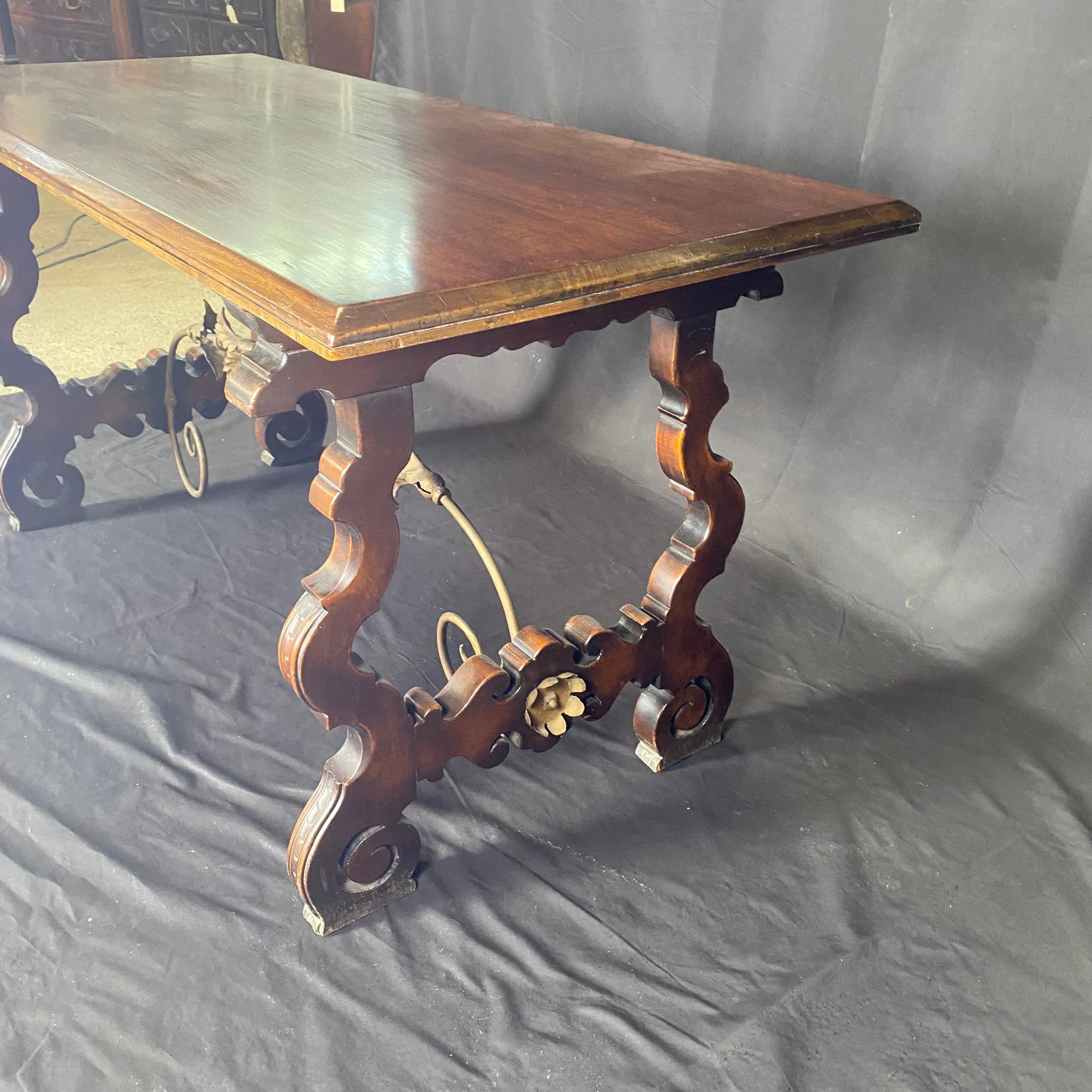 Spanish Walnut Dining Table, Console Table or Writing Desk with Iron Stretchers