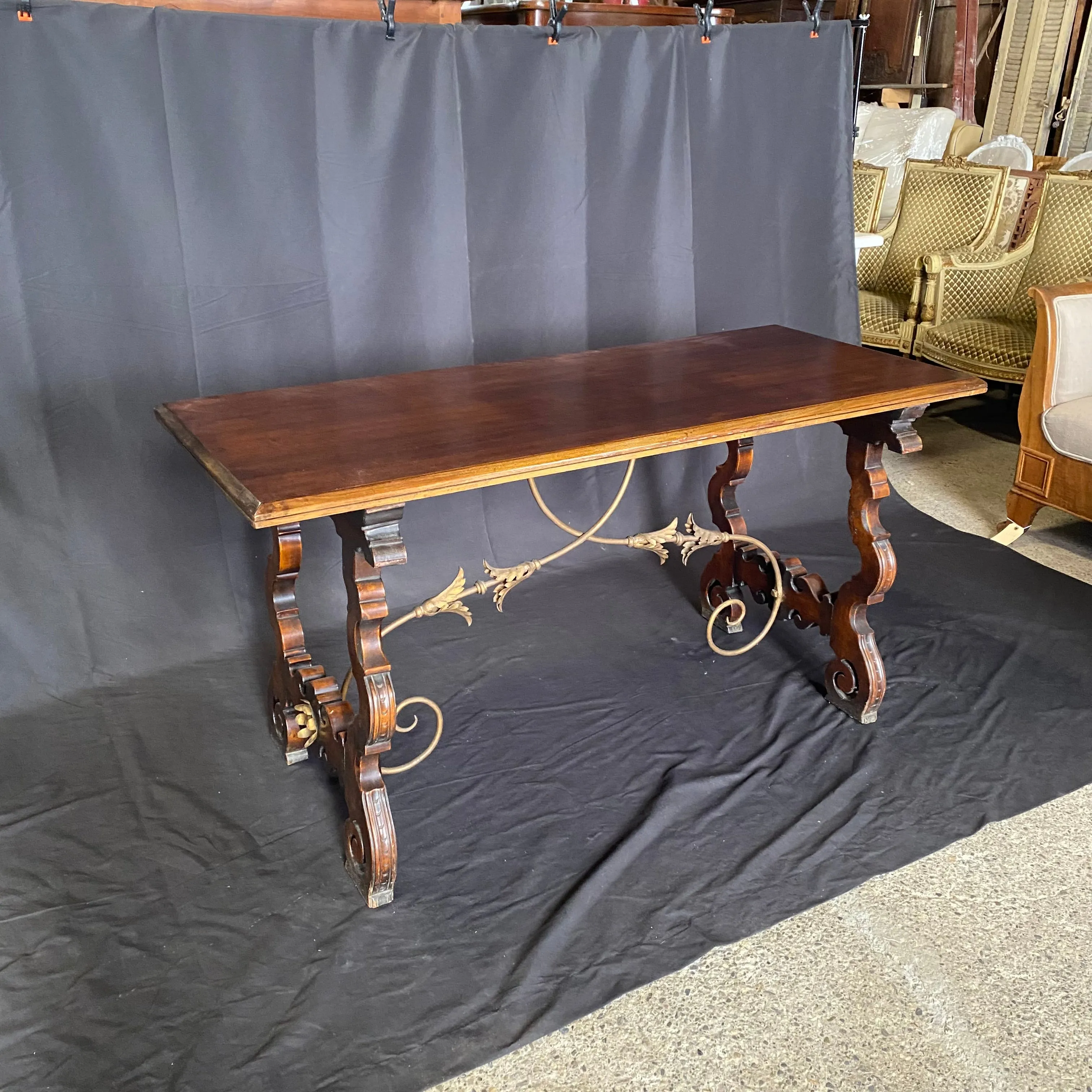 Spanish Walnut Dining Table, Console Table or Writing Desk with Iron Stretchers