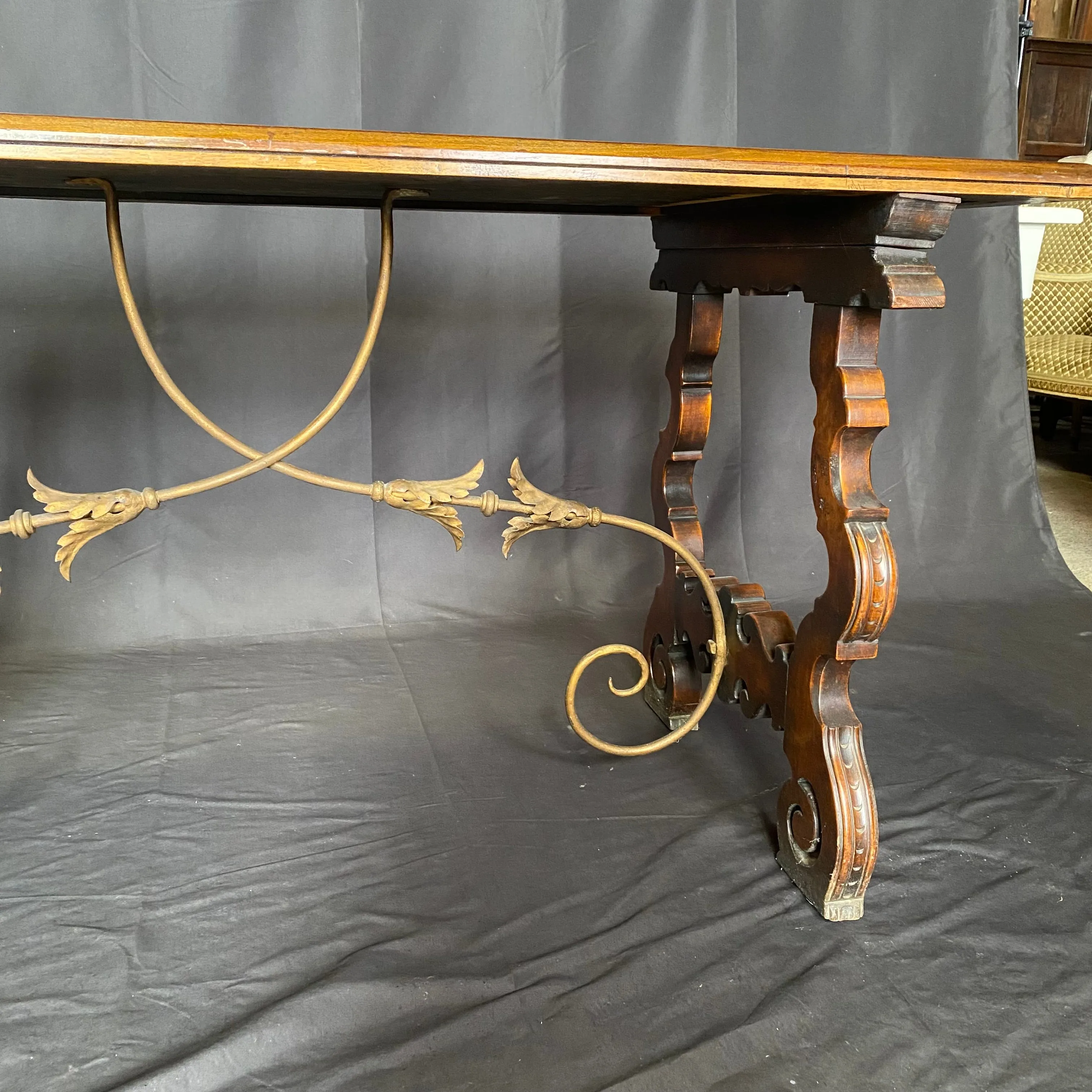 Spanish Walnut Dining Table, Console Table or Writing Desk with Iron Stretchers