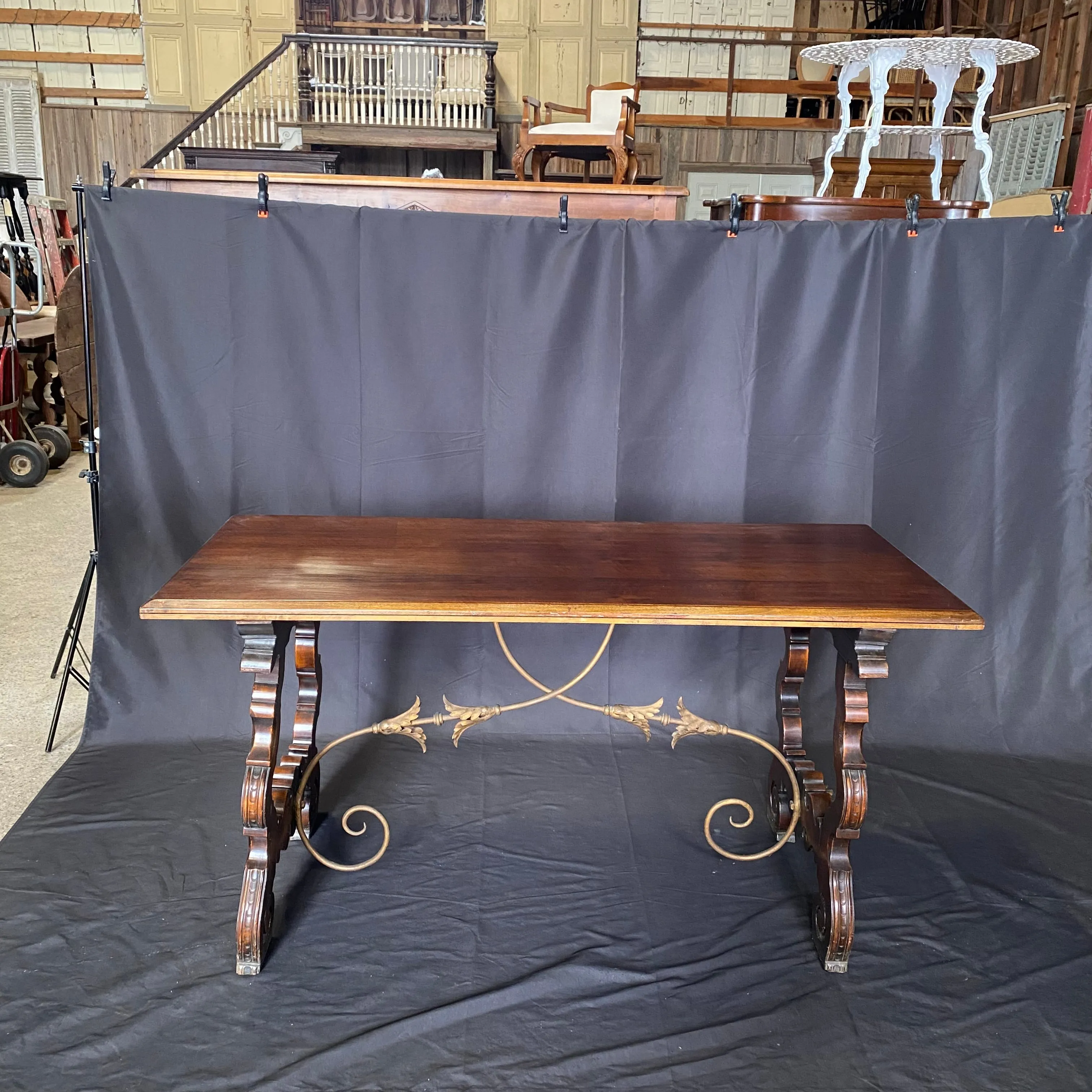 Spanish Walnut Dining Table, Console Table or Writing Desk with Iron Stretchers